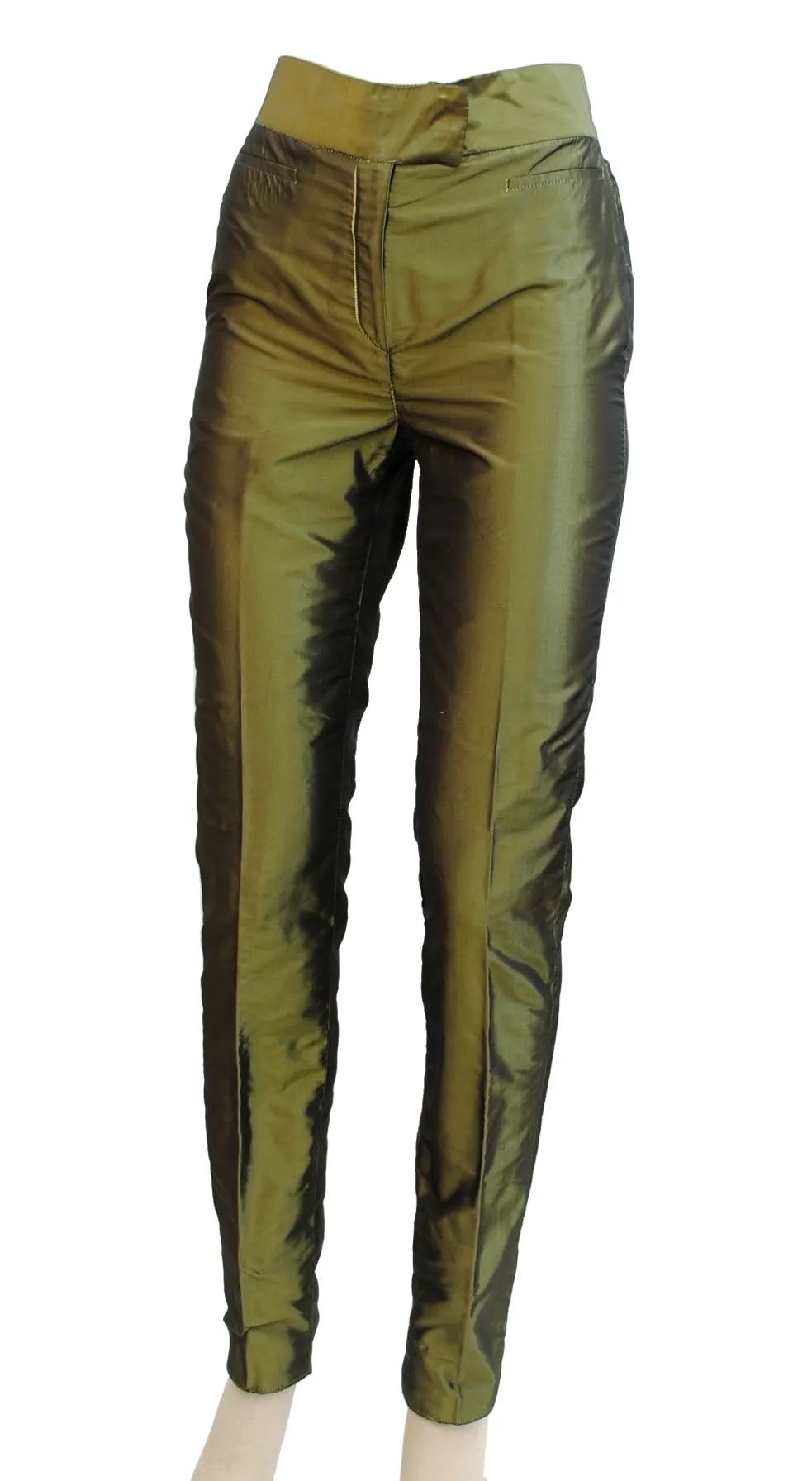 1990s Vintage Valentino Green Metallic Drainpipe Leg Trousers • EU 42