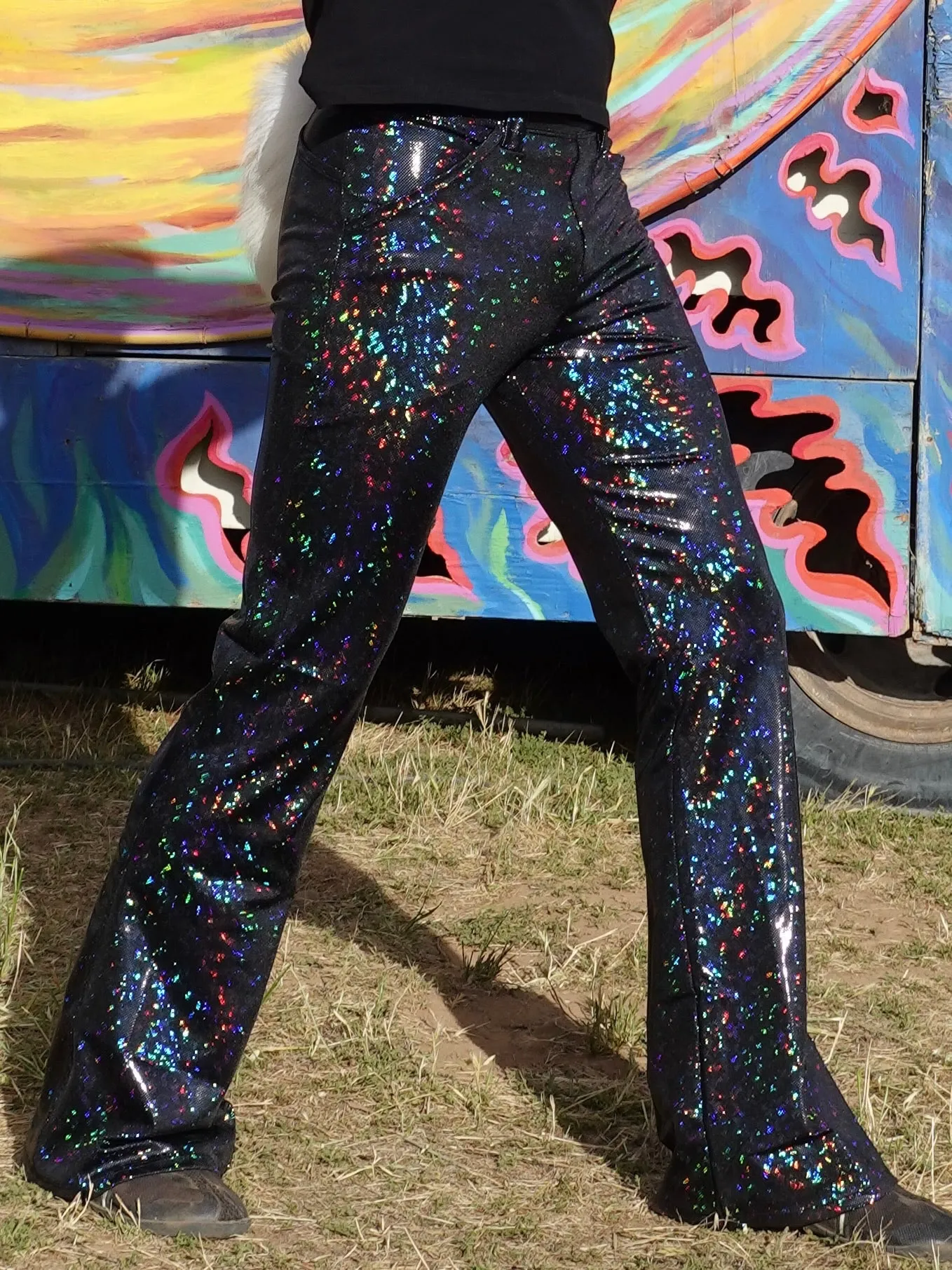 4 Pocket Disco Black Flare Pants - Black Disco Ball Men's Holographic Flare Pants // Metallic Mens Bell Bottoms