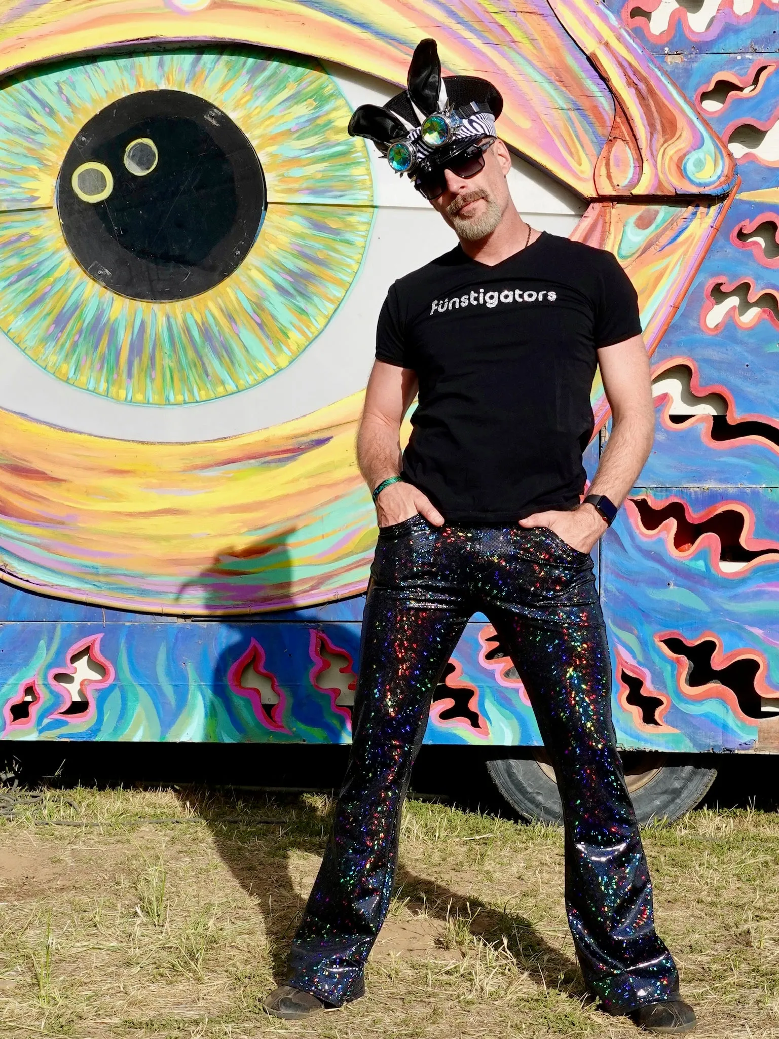 4 Pocket Disco Black Flare Pants - Black Disco Ball Men's Holographic Flare Pants // Metallic Mens Bell Bottoms