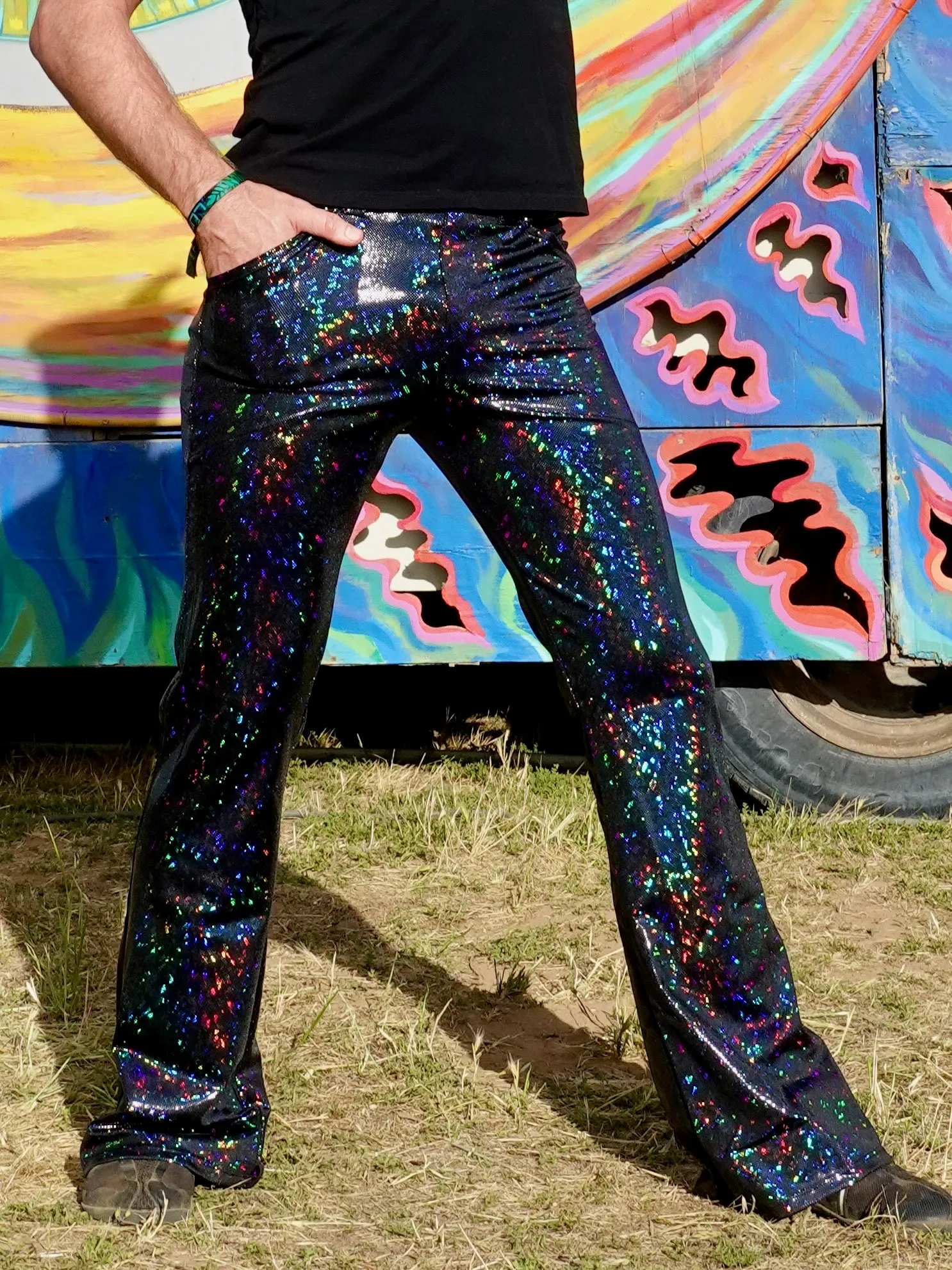 4 Pocket Disco Black Flare Pants - Black Disco Ball Men's Holographic Flare Pants // Metallic Mens Bell Bottoms