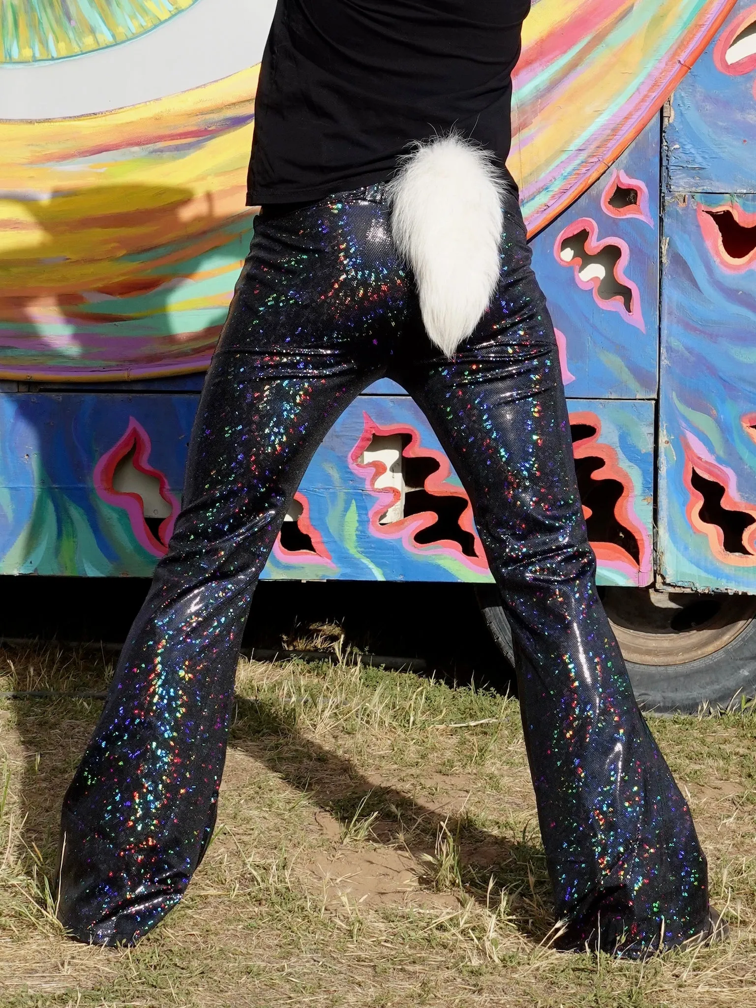 4 Pocket Disco Black Flare Pants - Black Disco Ball Men's Holographic Flare Pants // Metallic Mens Bell Bottoms