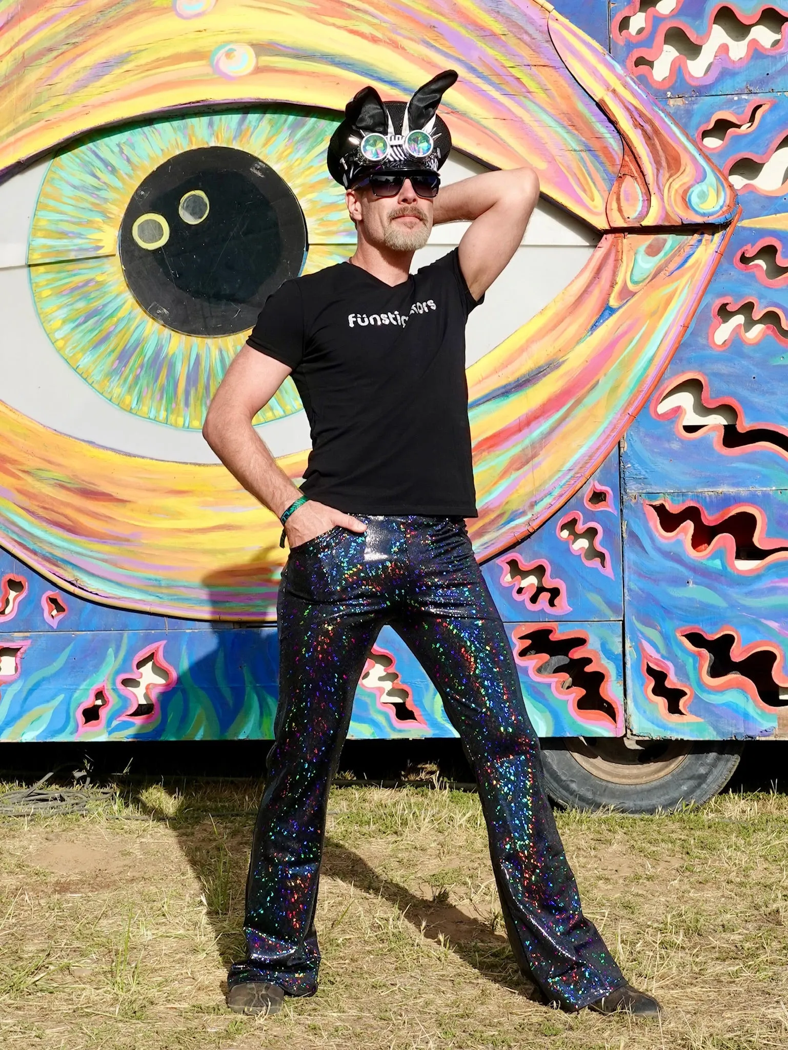 4 Pocket Disco Black Flare Pants - Black Disco Ball Men's Holographic Flare Pants // Metallic Mens Bell Bottoms