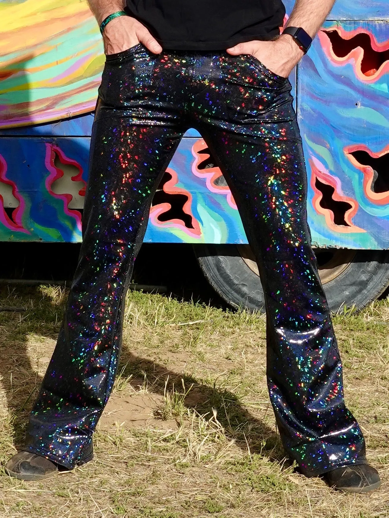 4 Pocket Disco Black Flare Pants - Black Disco Ball Men's Holographic Flare Pants // Metallic Mens Bell Bottoms