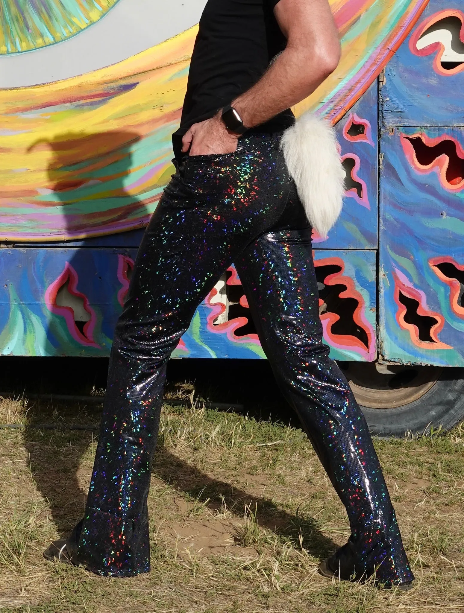 4 Pocket Disco Black Flare Pants - Black Disco Ball Men's Holographic Flare Pants // Metallic Mens Bell Bottoms