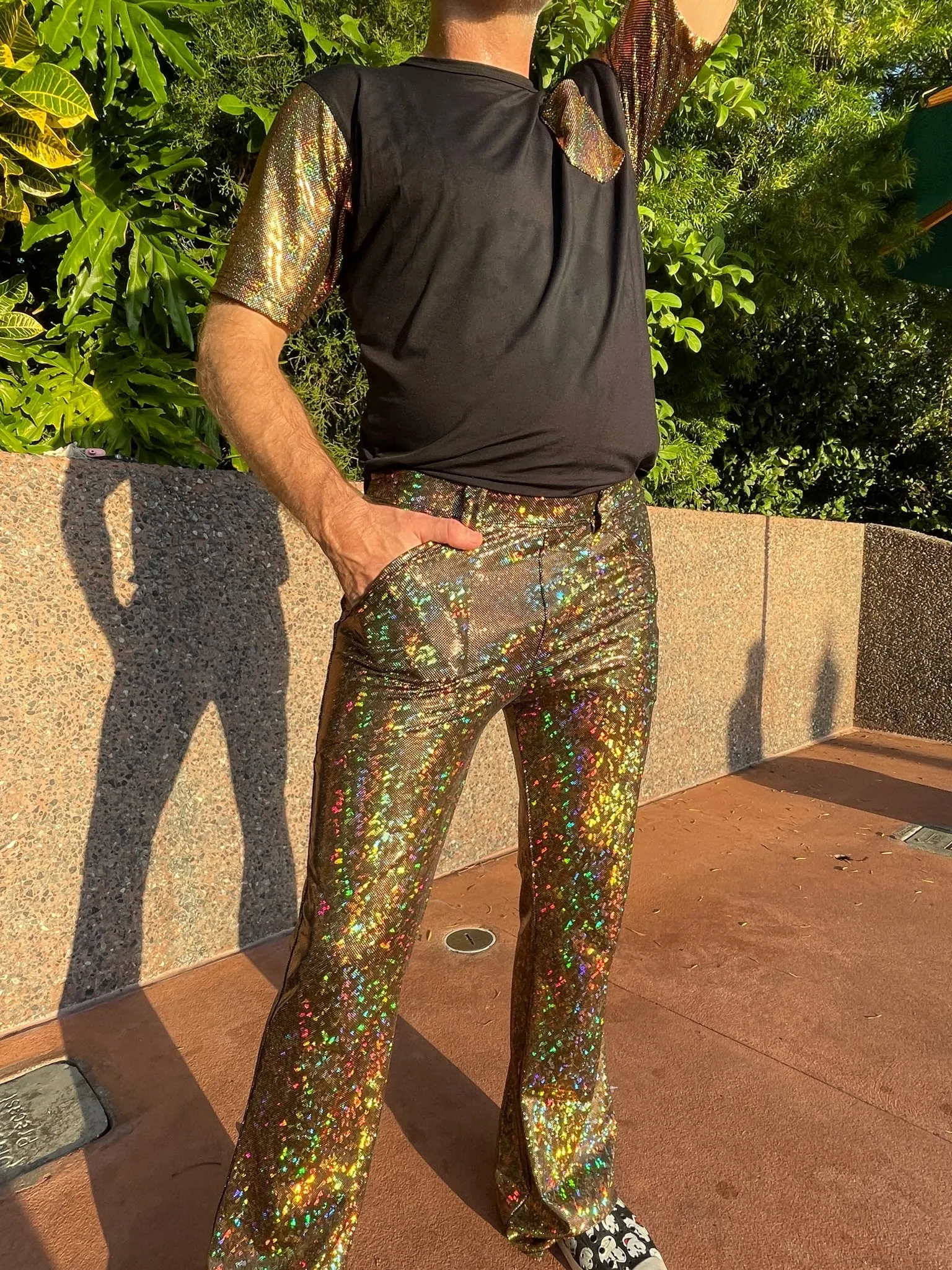 4 Pocket Disco Gold Flare Pants - Gold Disco Ball Men's Holographic Flare Pants // Metallic Mens Bell Bottoms