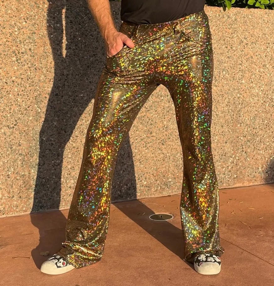 4 Pocket Disco Gold Flare Pants - Gold Disco Ball Men's Holographic Flare Pants // Metallic Mens Bell Bottoms