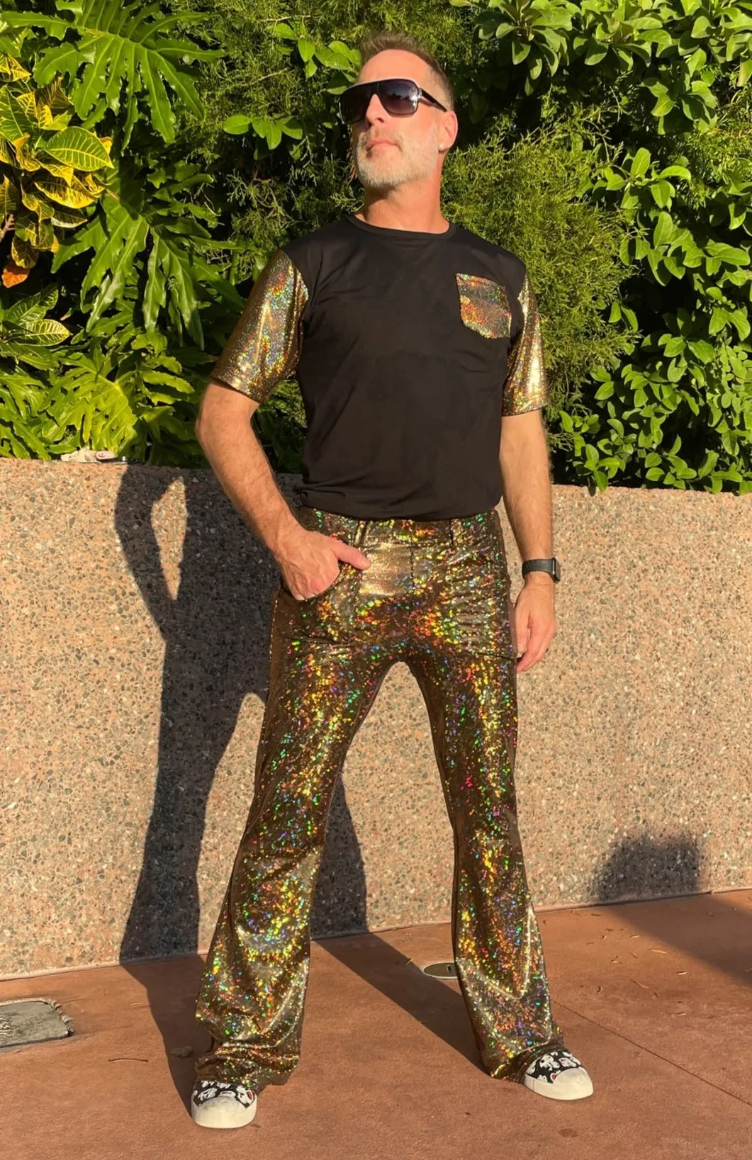 4 Pocket Disco Gold Flare Pants - Gold Disco Ball Men's Holographic Flare Pants // Metallic Mens Bell Bottoms