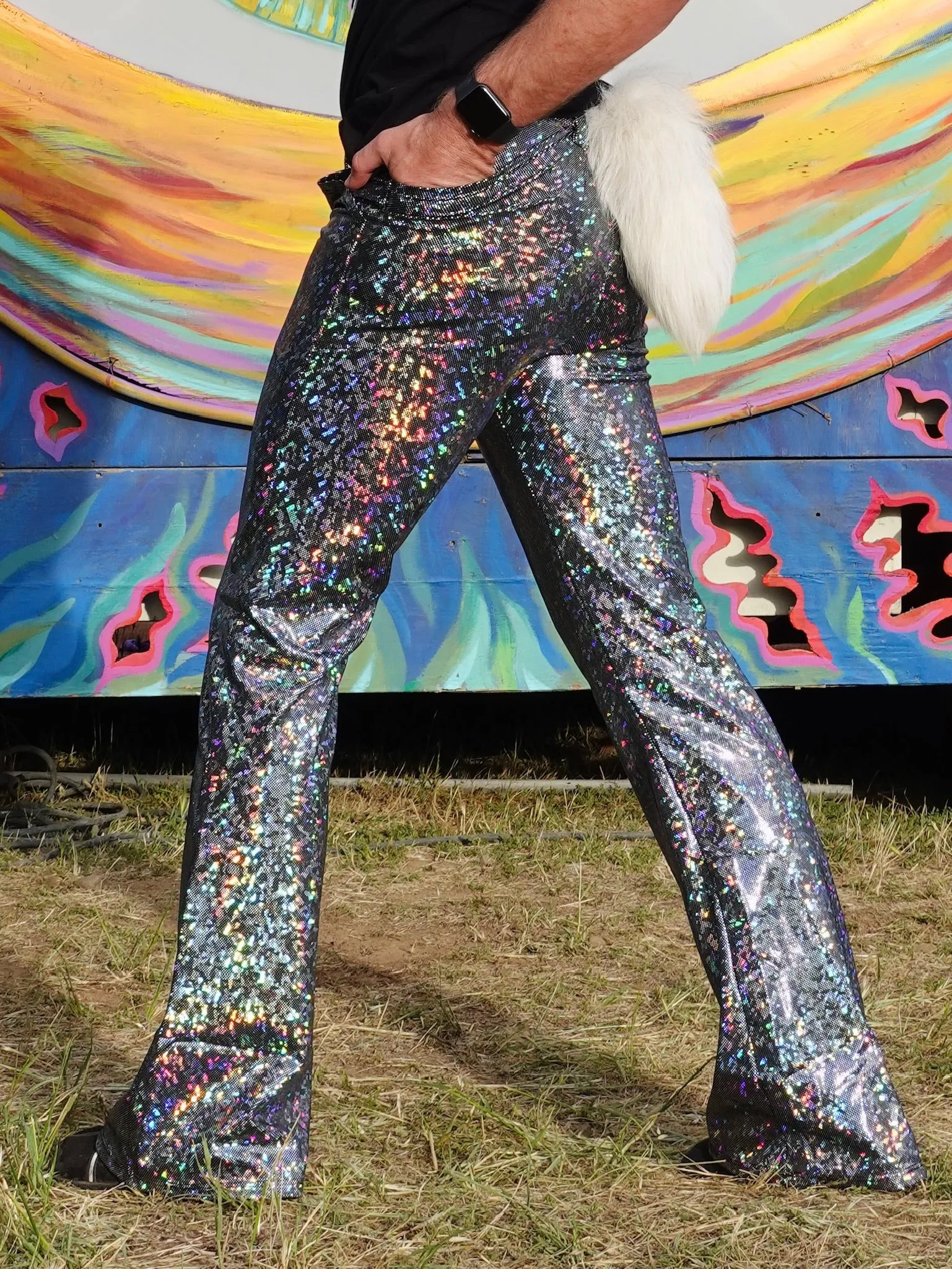 4 Pocket Disco Silver Flare Pants - Silver Disco Ball Men's Holographic Flare Pants // Metallic Mens Bell Bottoms