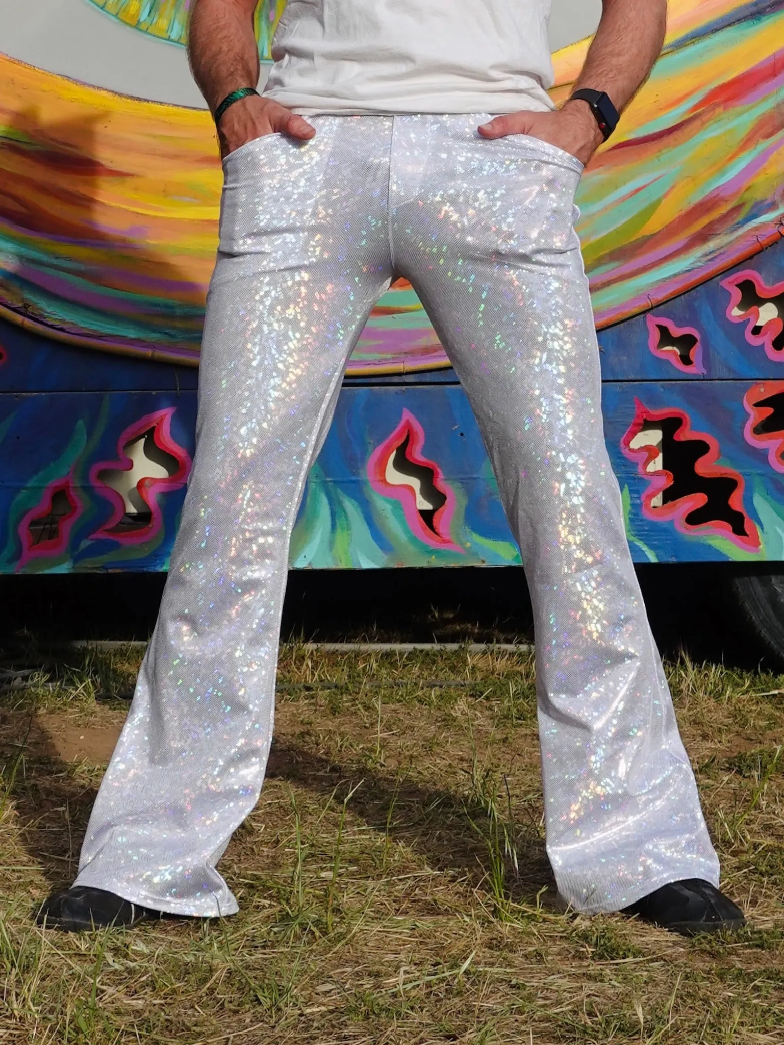 4 Pocket Disco White Flare Pants - White Disco Ball Men's Holographic Flare Pants // Metallic Mens Bell Bottoms