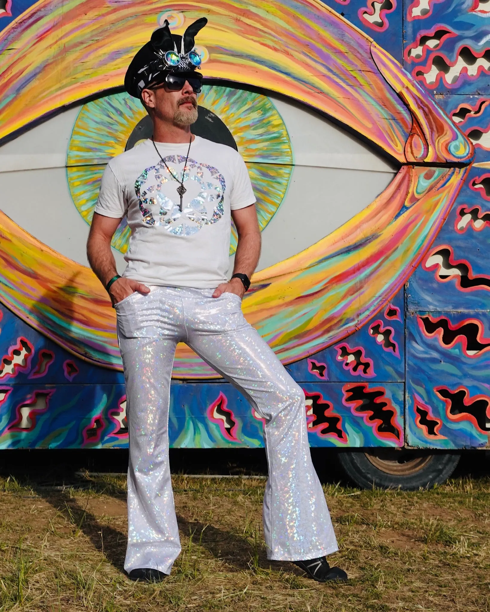 4 Pocket Disco White Flare Pants - White Disco Ball Men's Holographic Flare Pants // Metallic Mens Bell Bottoms