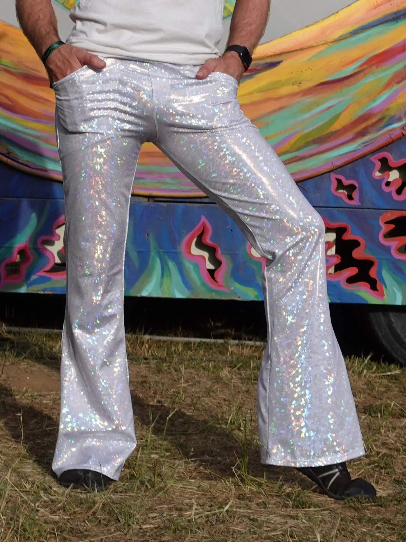 4 Pocket Disco White Flare Pants - White Disco Ball Men's Holographic Flare Pants // Metallic Mens Bell Bottoms