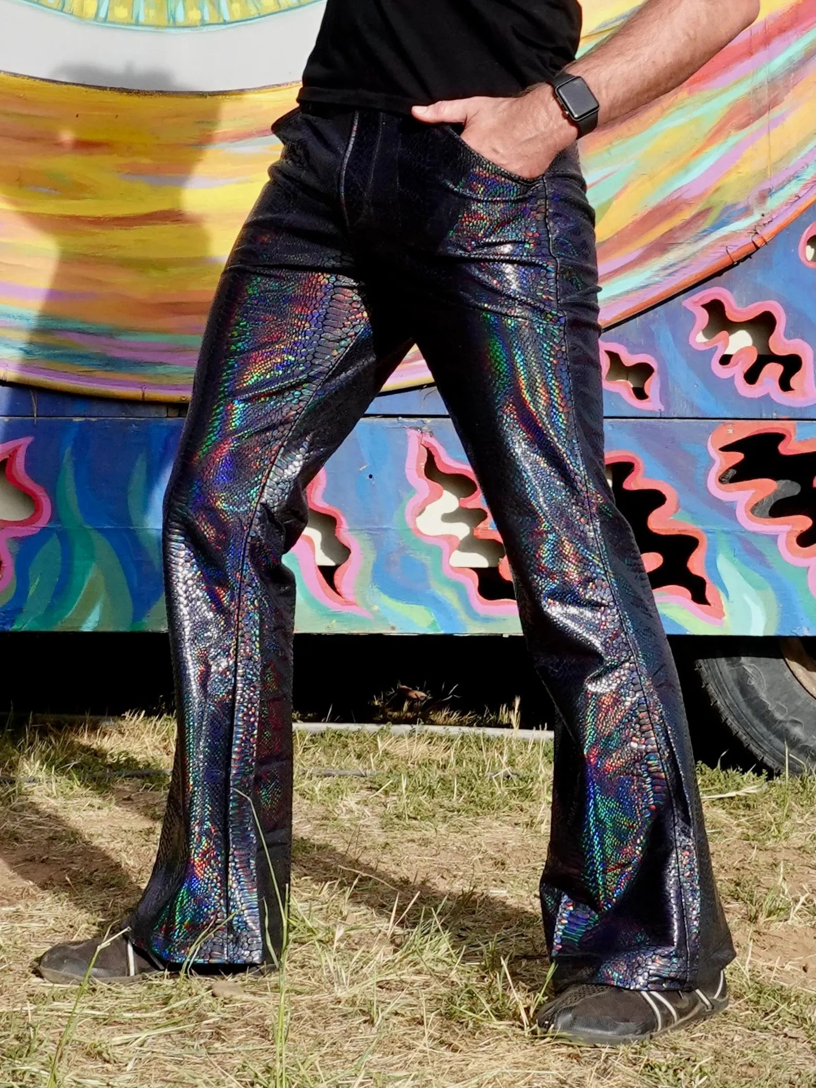 4 Pocket Snake Black Flare Pants - Holographic Metallic Snake Print Bell Bottoms