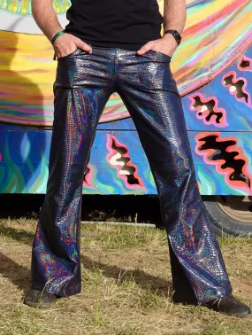 4 Pocket Snake Black Flare Pants - Holographic Metallic Snake Print Bell Bottoms