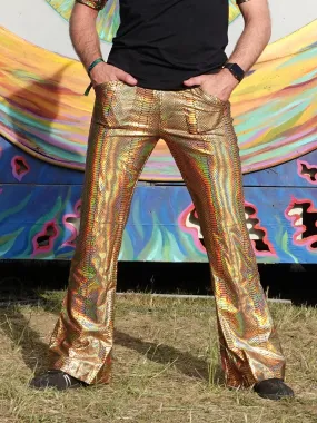 4 Pocket Snake Gold Flare Pants - Holographic Metallic Snake Print Bell Bottoms