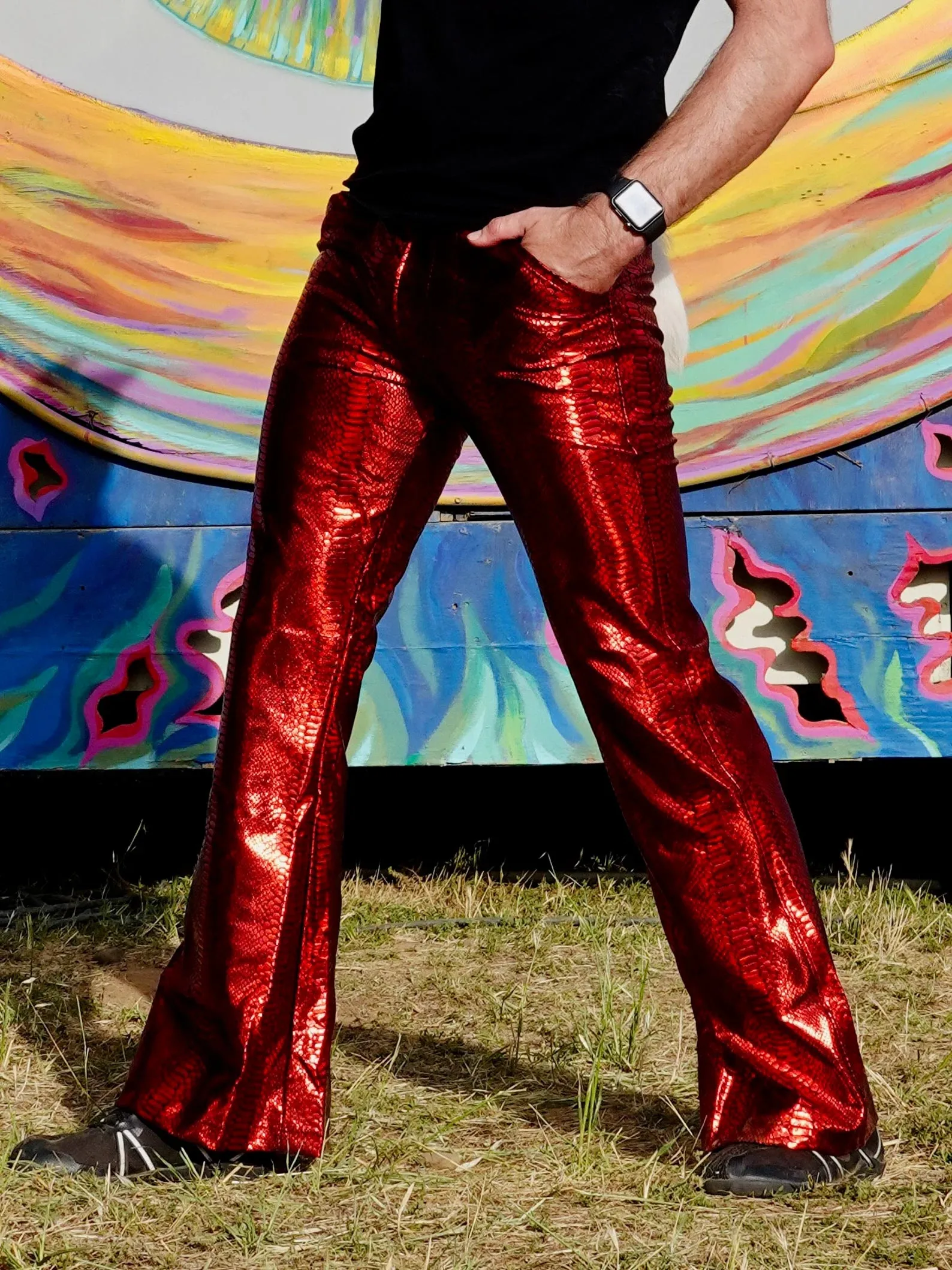 4 Pocket Snake Red Flare Pants - Holographic Metallic Snake Print Bell Bottoms