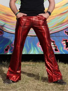 4 Pocket Snake Red Flare Pants - Holographic Metallic Snake Print Bell Bottoms