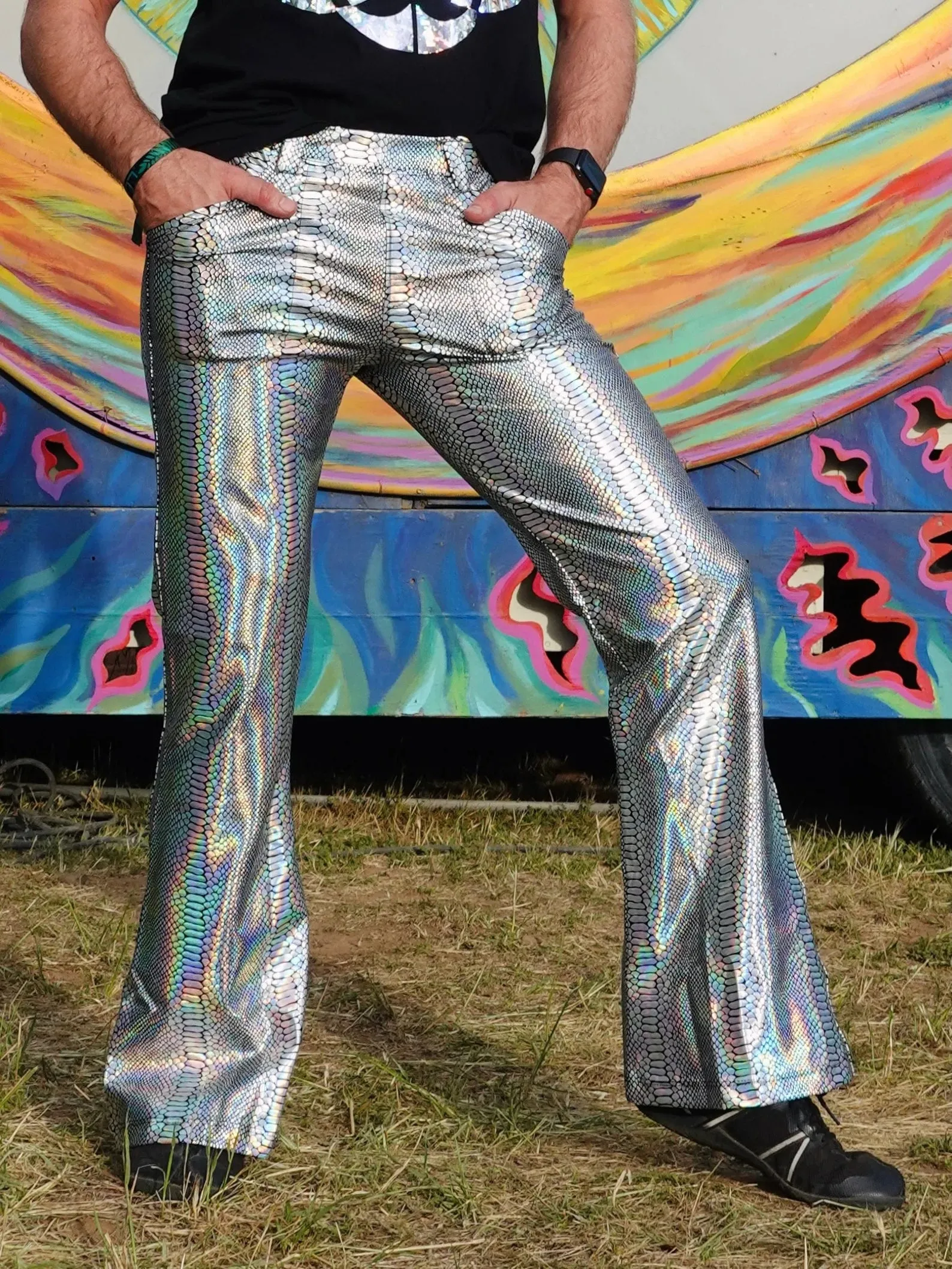 4 Pocket Snake Silver Flare Pants - Holographic Metallic Snake Print Bell Bottoms