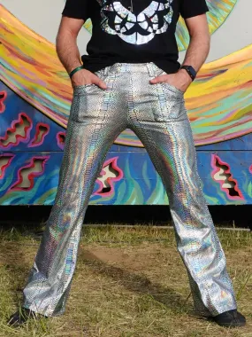 4 Pocket Snake Silver Flare Pants - Holographic Metallic Snake Print Bell Bottoms