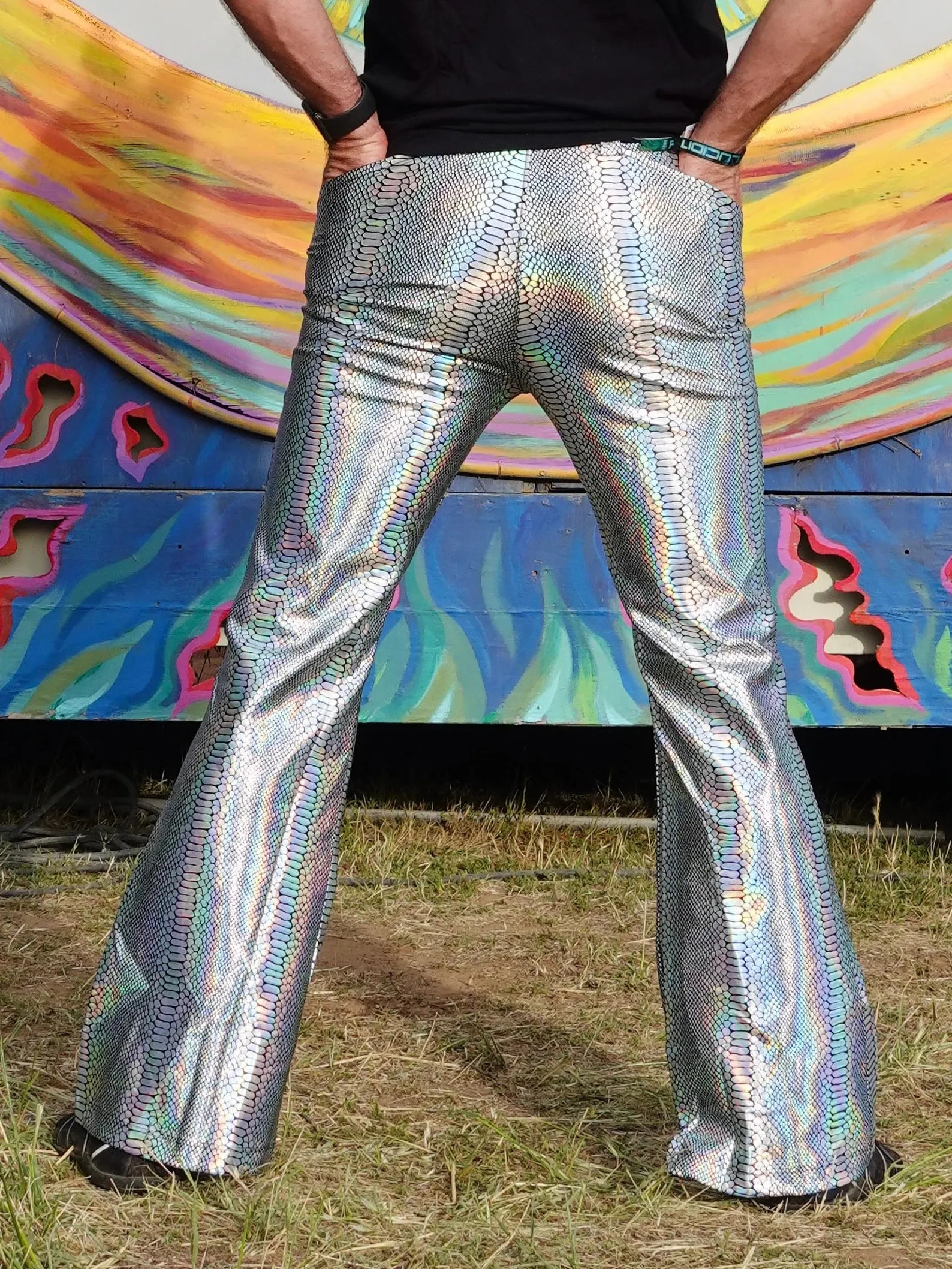 4 Pocket Snake Silver Flare Pants - Holographic Metallic Snake Print Bell Bottoms