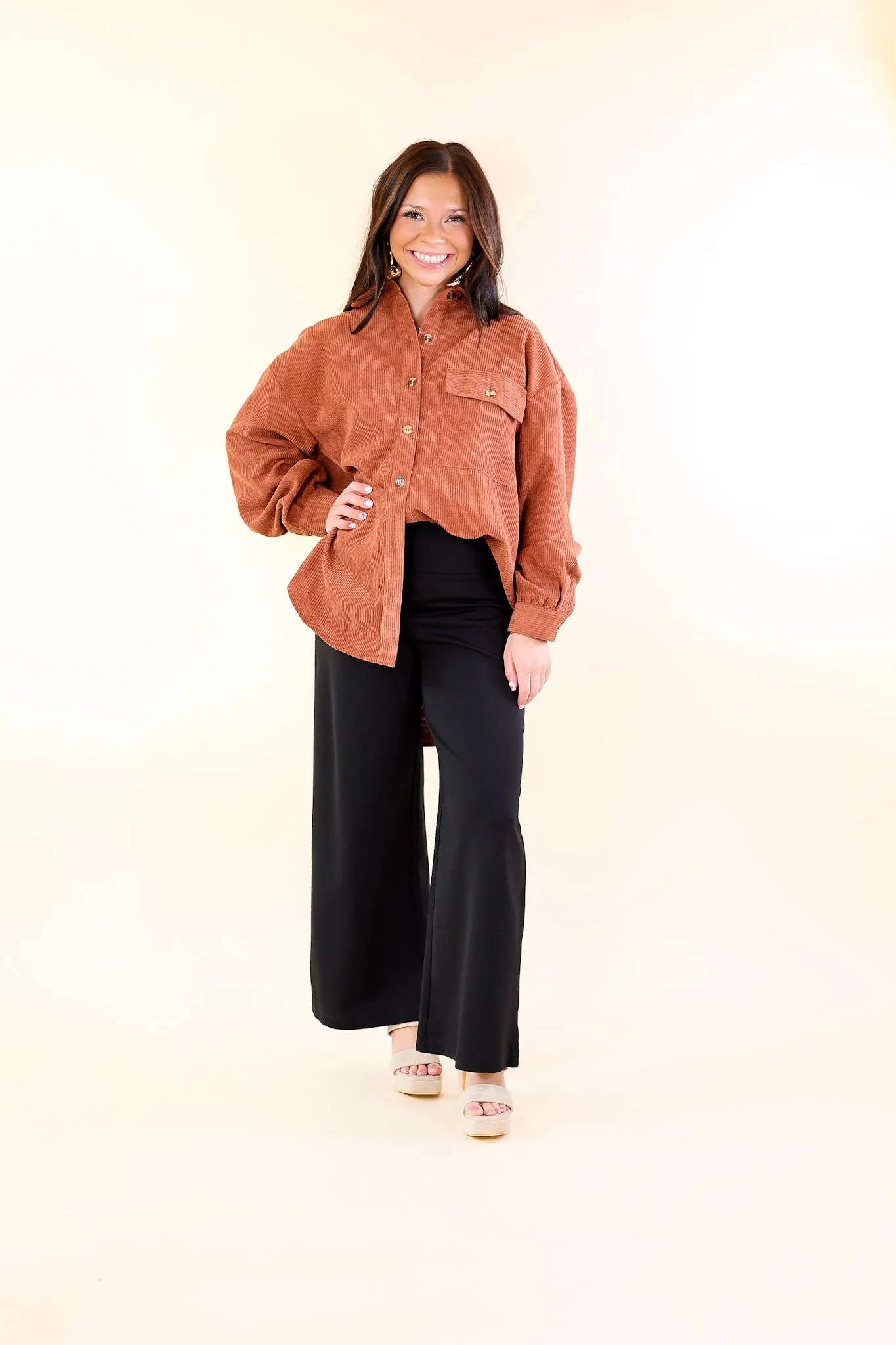 All Dolled Up Button Up Corduroy Shacket in Rust Brown