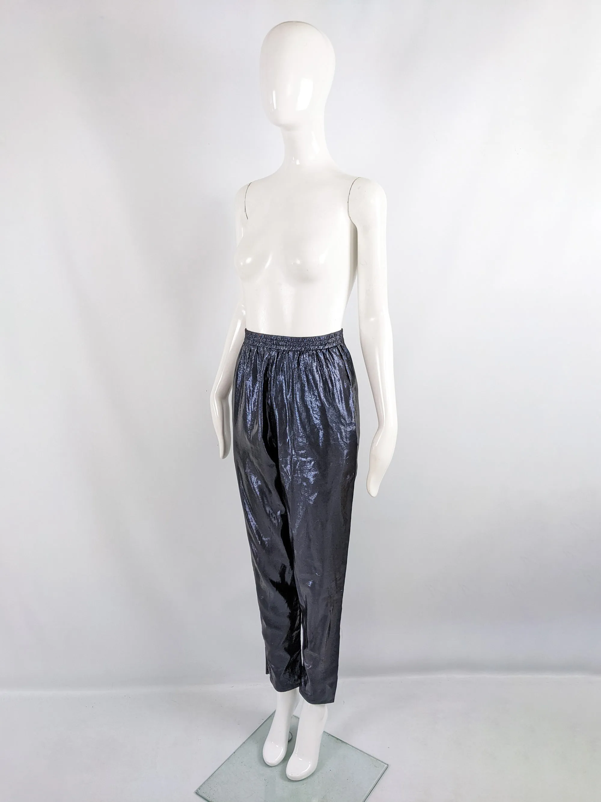 Angelo Tarlazzi Midnight Blue Metallic Silk Lamé Trousers, 1980s