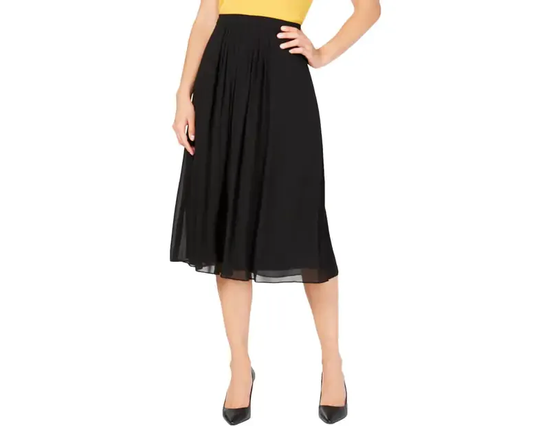 ANNE KLEIN Women's Pleated Layered Midi Skirt in Black