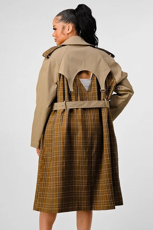 ATHINA PLAID AND KHAKI CONTRAST TRENCH COAT