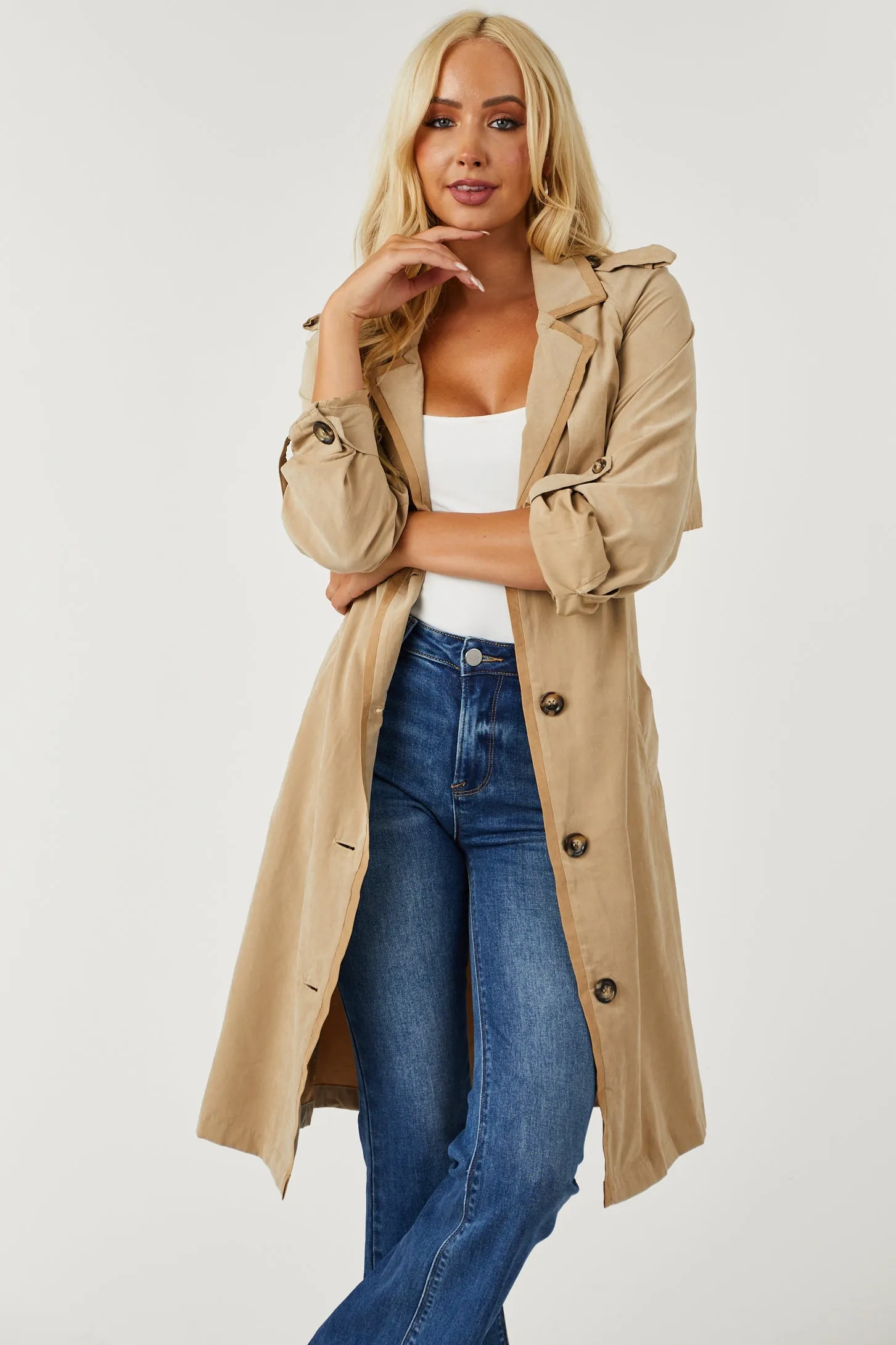 Beige Faux Suede Button Down Tie Waist Trench Coat