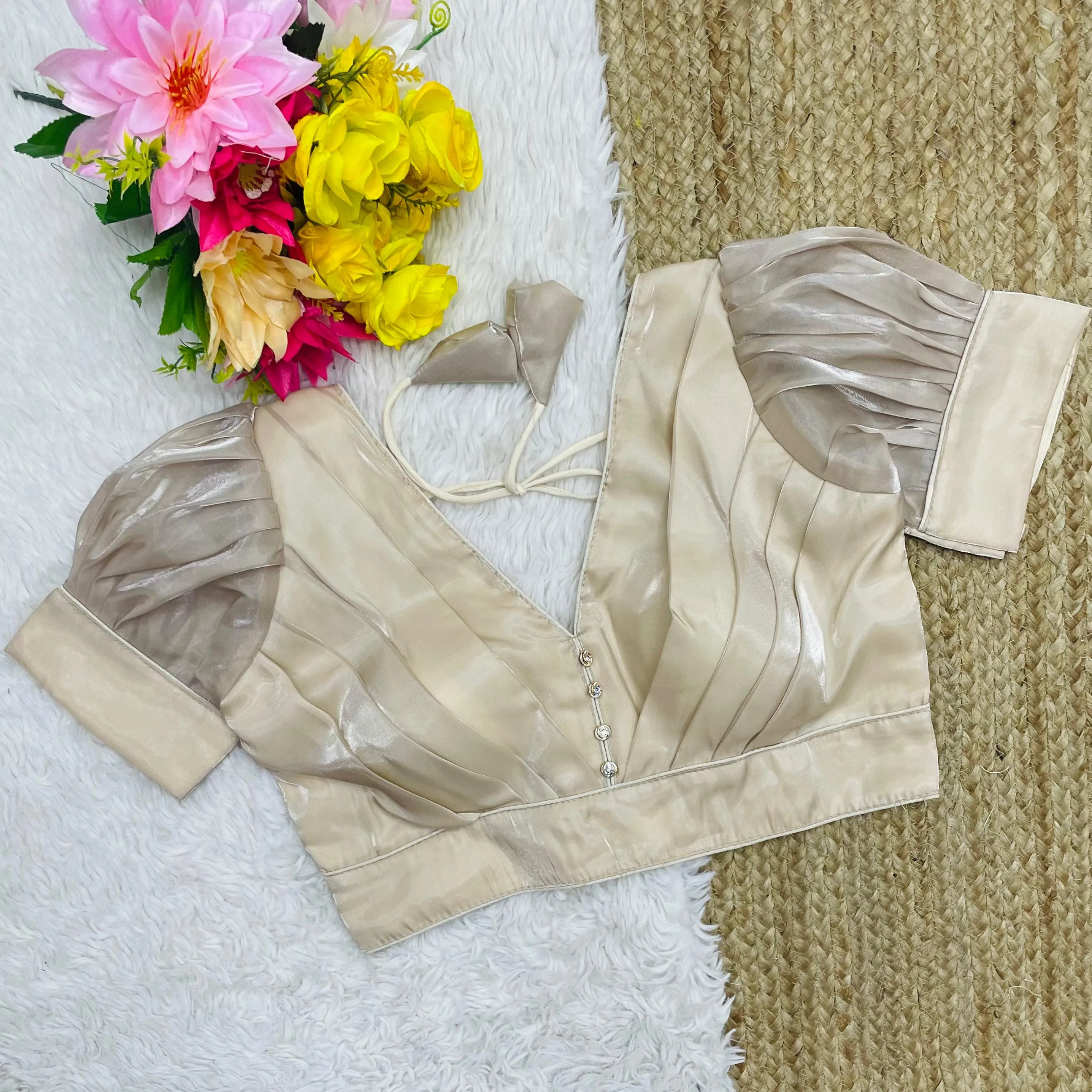 Beige Glamorous Ruffled Metallic Jimmy Choo Blouse