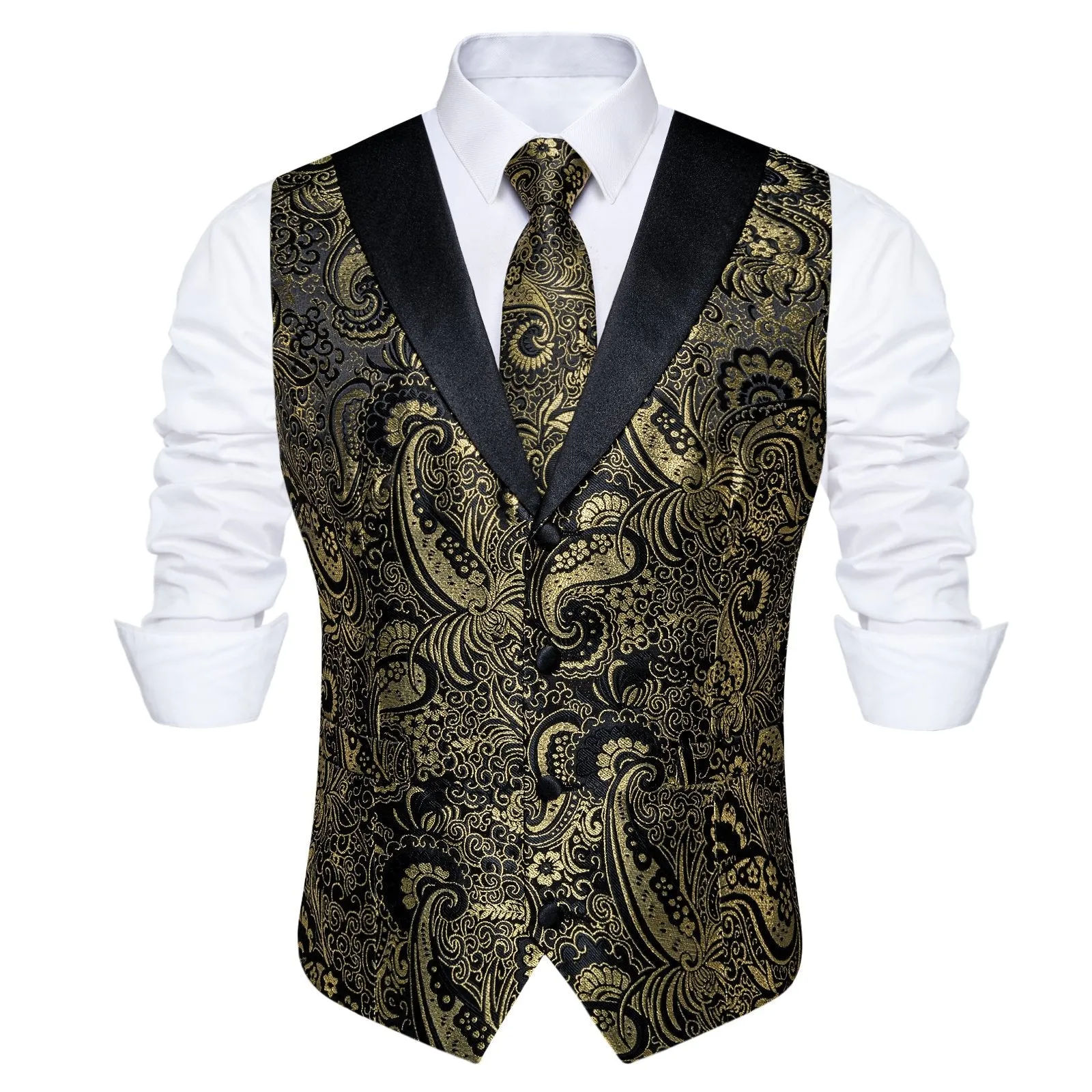 Black Collar Black Golden Paisley Jacquard Silk Men's Vest Hanky Cufflinks Tie Set