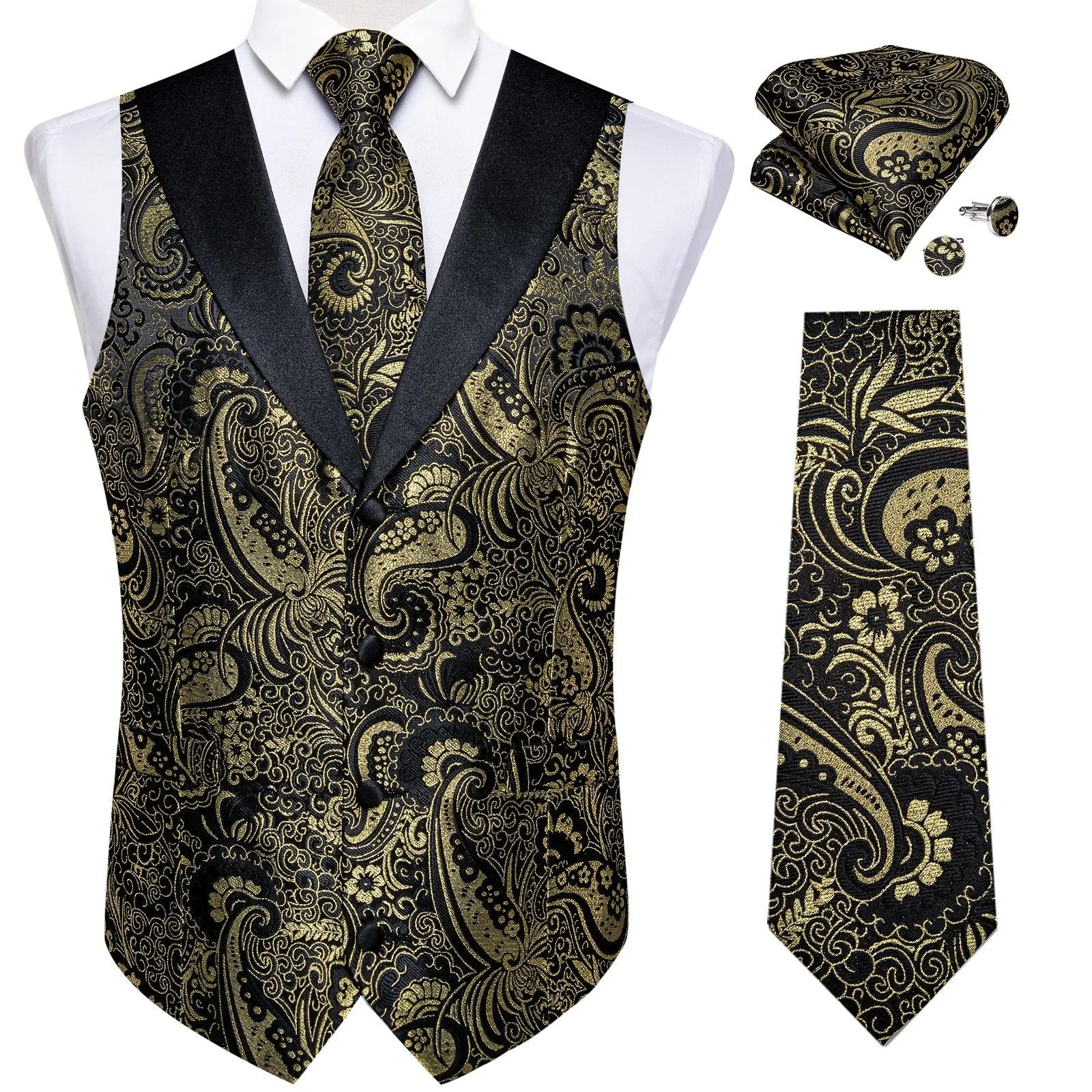 Black Collar Black Golden Paisley Jacquard Silk Men's Vest Hanky Cufflinks Tie Set