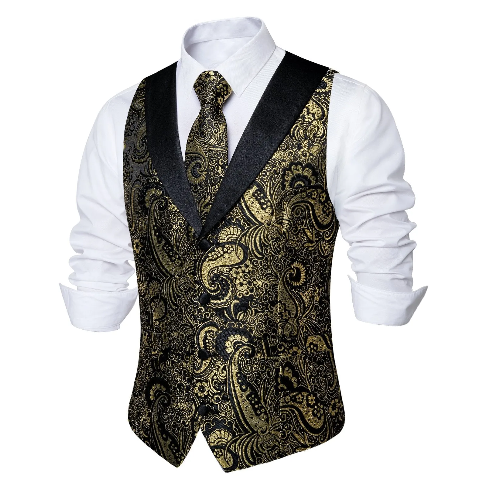 Black Collar Black Golden Paisley Jacquard Silk Men's Vest Hanky Cufflinks Tie Set