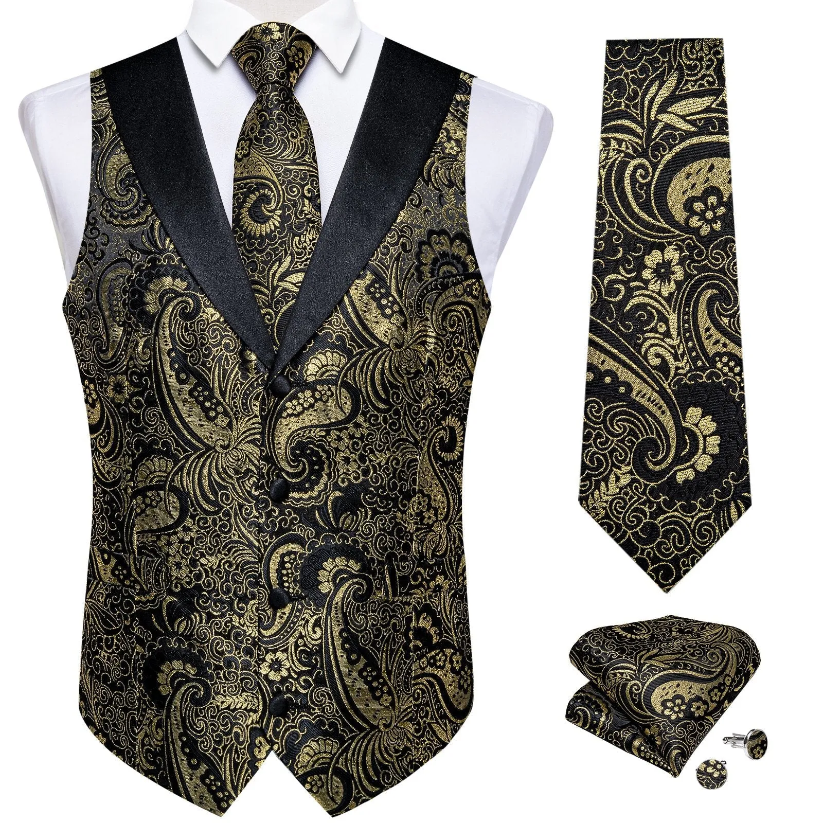 Black Collar Black Golden Paisley Jacquard Silk Men's Vest Hanky Cufflinks Tie Set