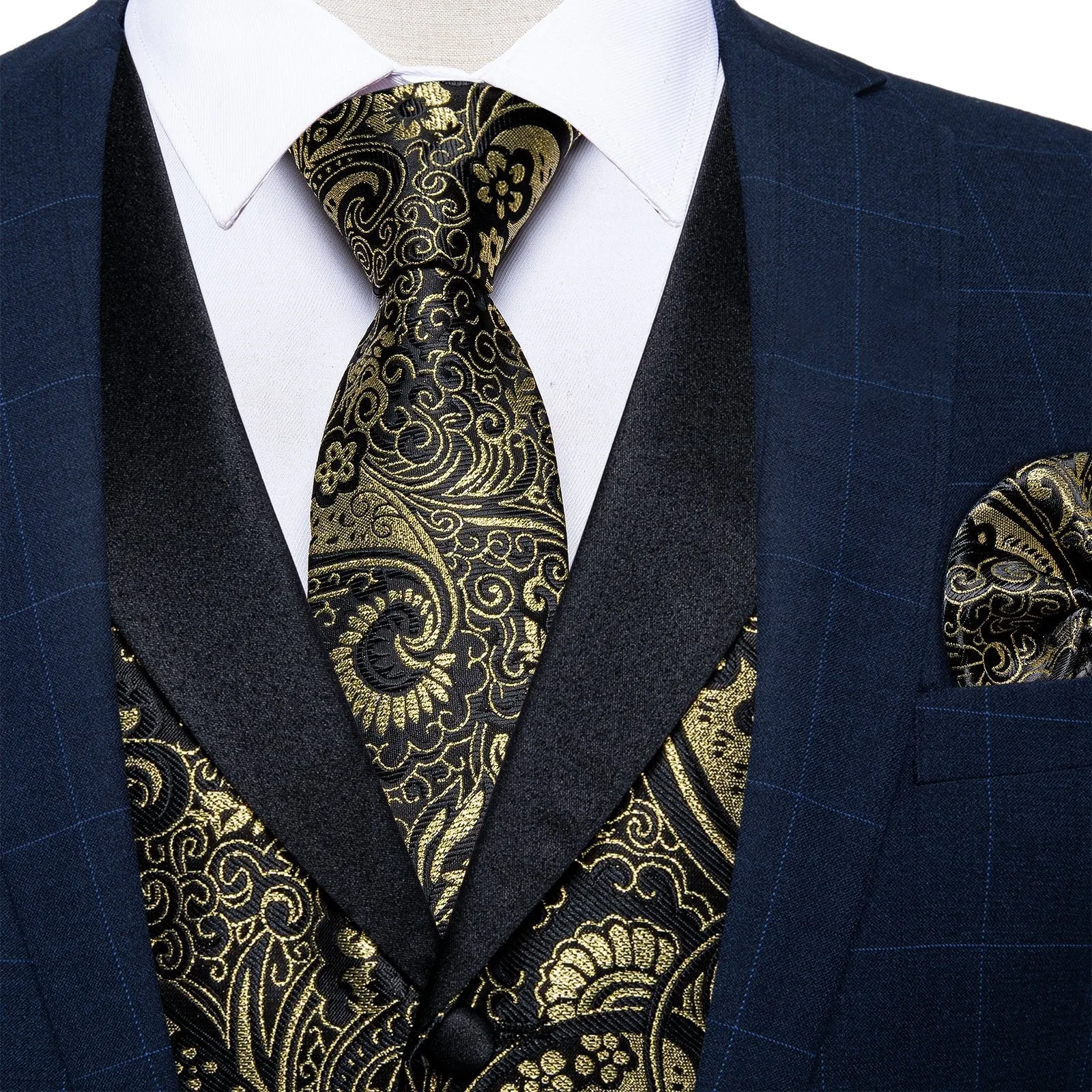 Black Collar Black Golden Paisley Jacquard Silk Men's Vest Hanky Cufflinks Tie Set