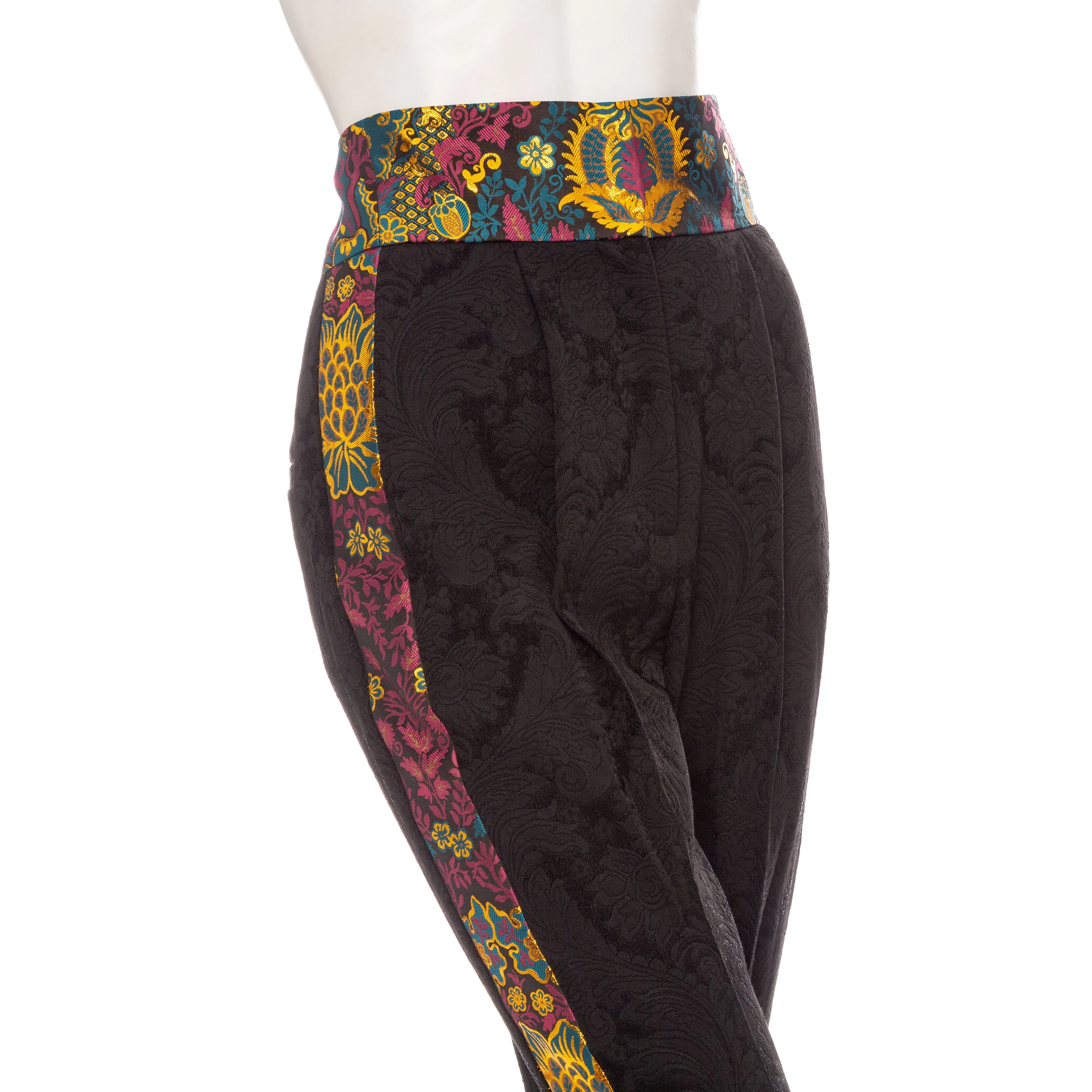 Black Jacquard Metallic Brocade High-Waisted Pants