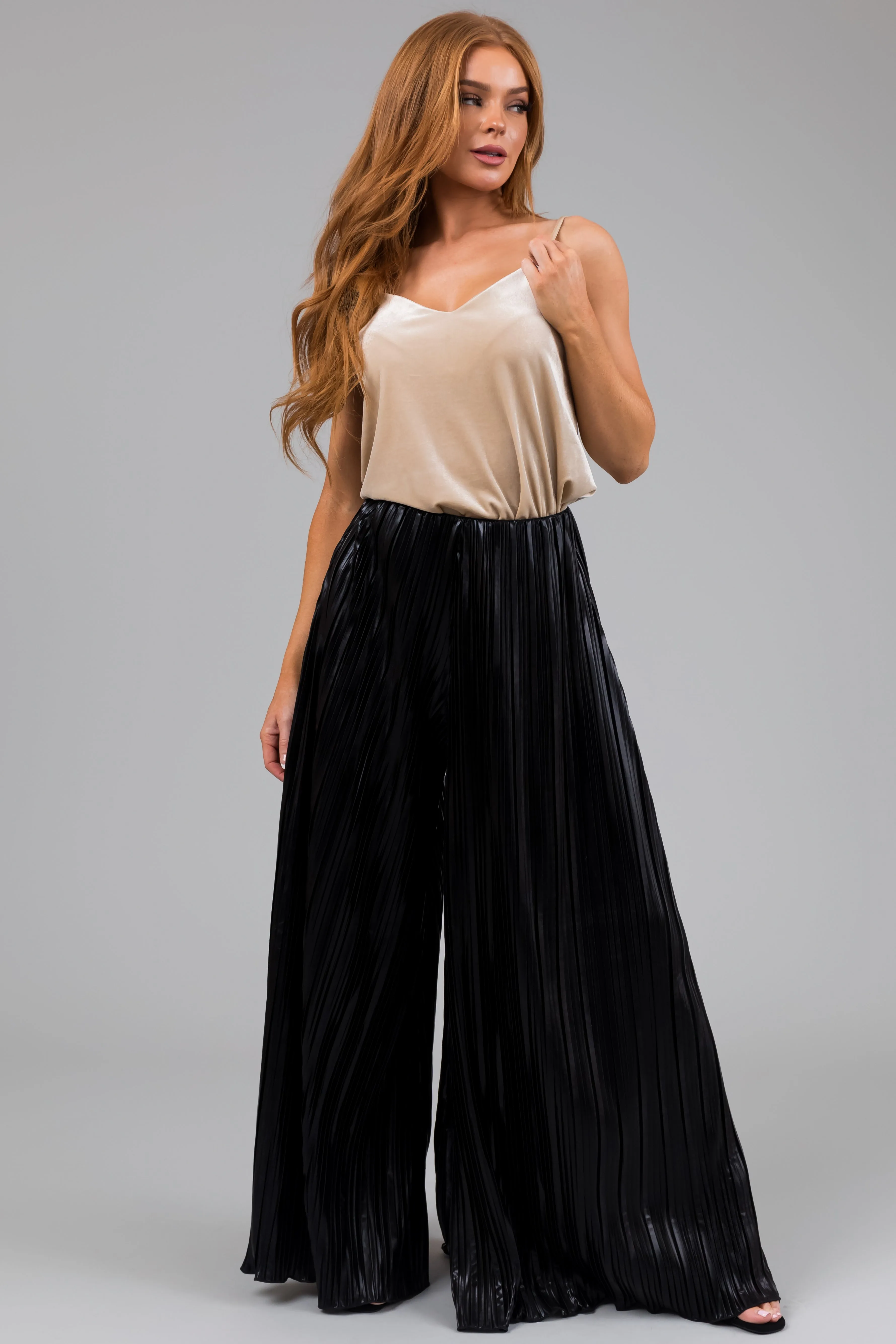 Black Metallic Pleated Flare High Waist Pants