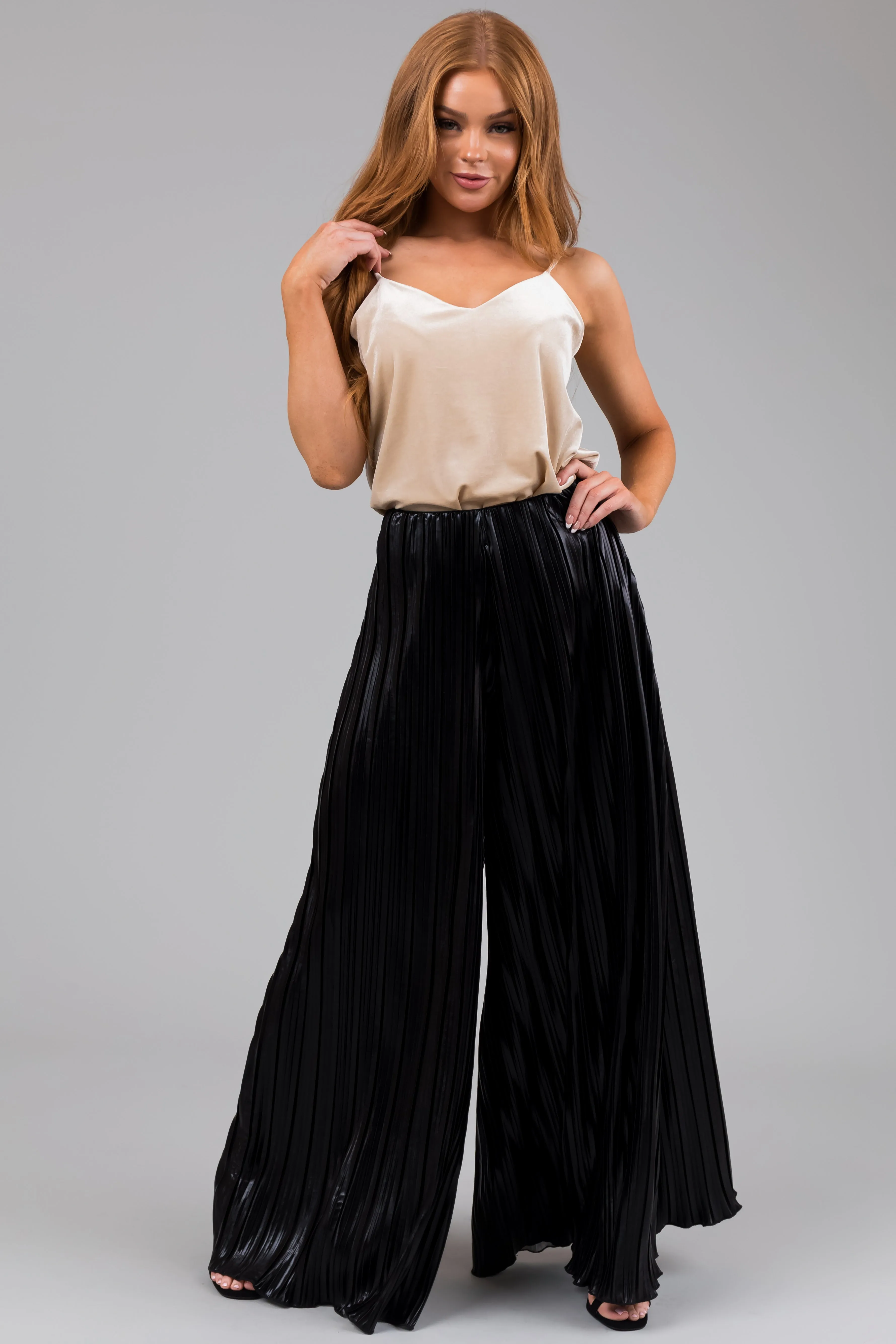 Black Metallic Pleated Flare High Waist Pants