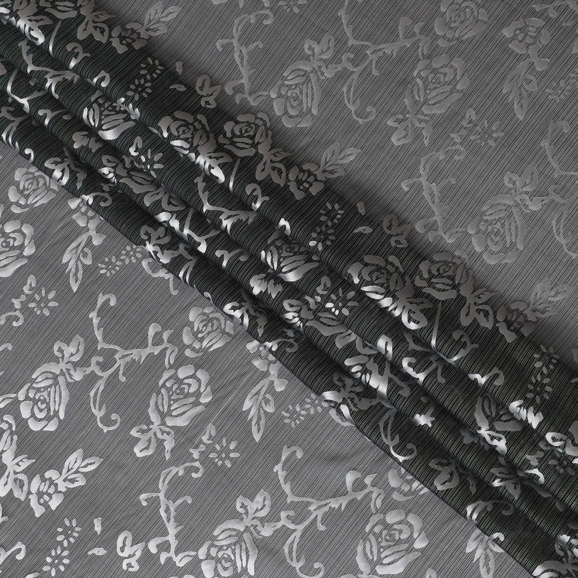 Black Premim pure silk chiffon fabric with silver jacquard in floral design-D15332