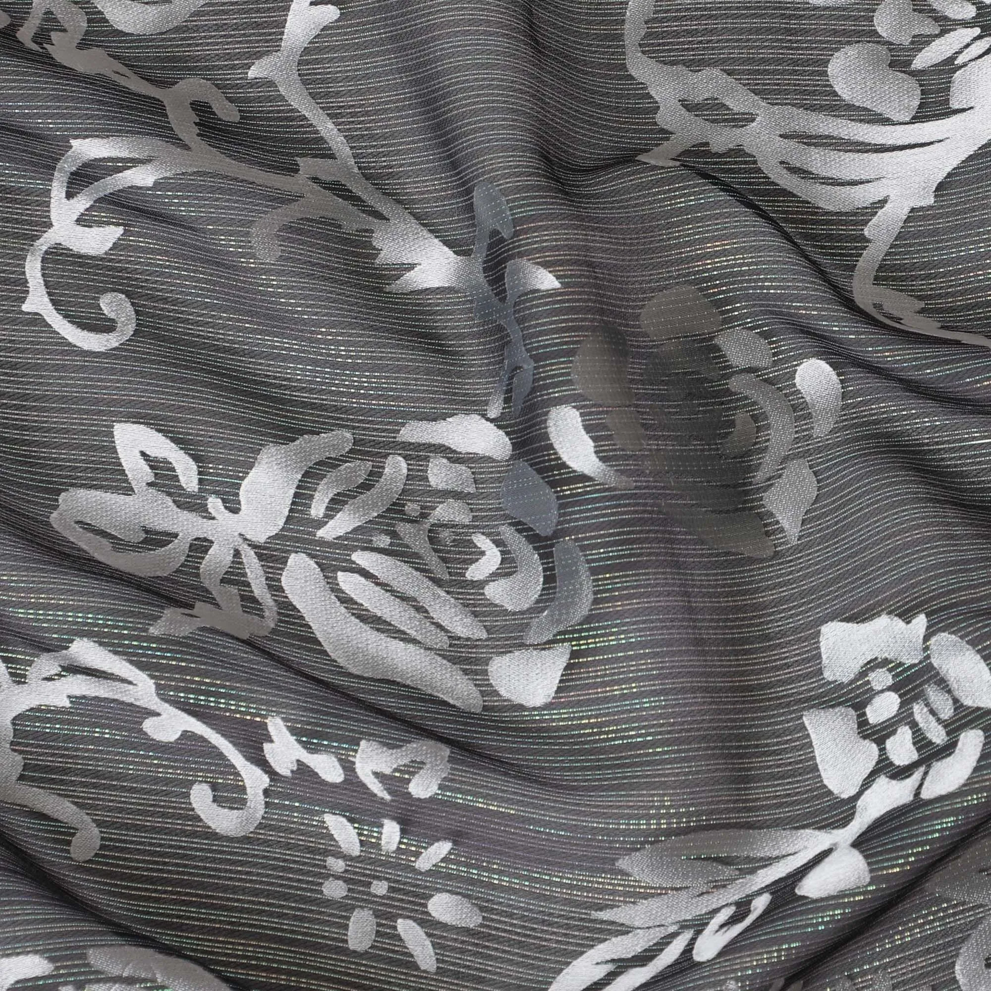 Black Premim pure silk chiffon fabric with silver jacquard in floral design-D15332