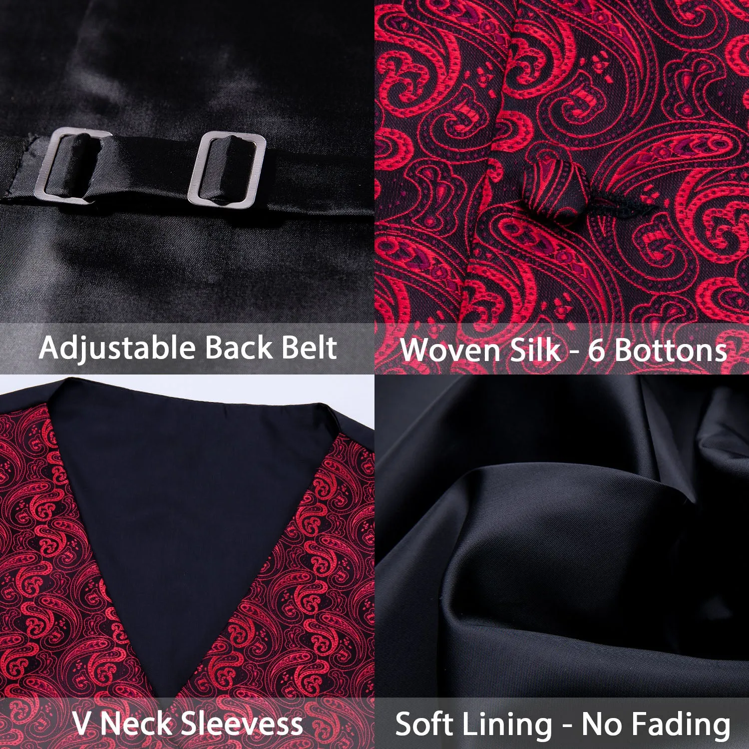 Black Red Paisley Jacquard Silk Men's Vest Hanky Cufflinks Tie Set