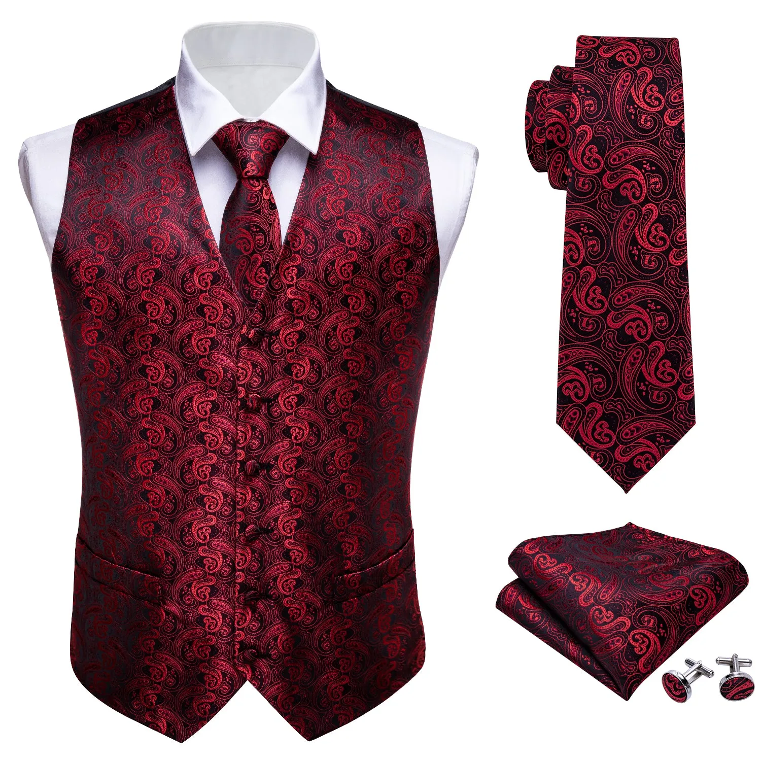 Black Red Paisley Jacquard Silk Men's Vest Hanky Cufflinks Tie Set