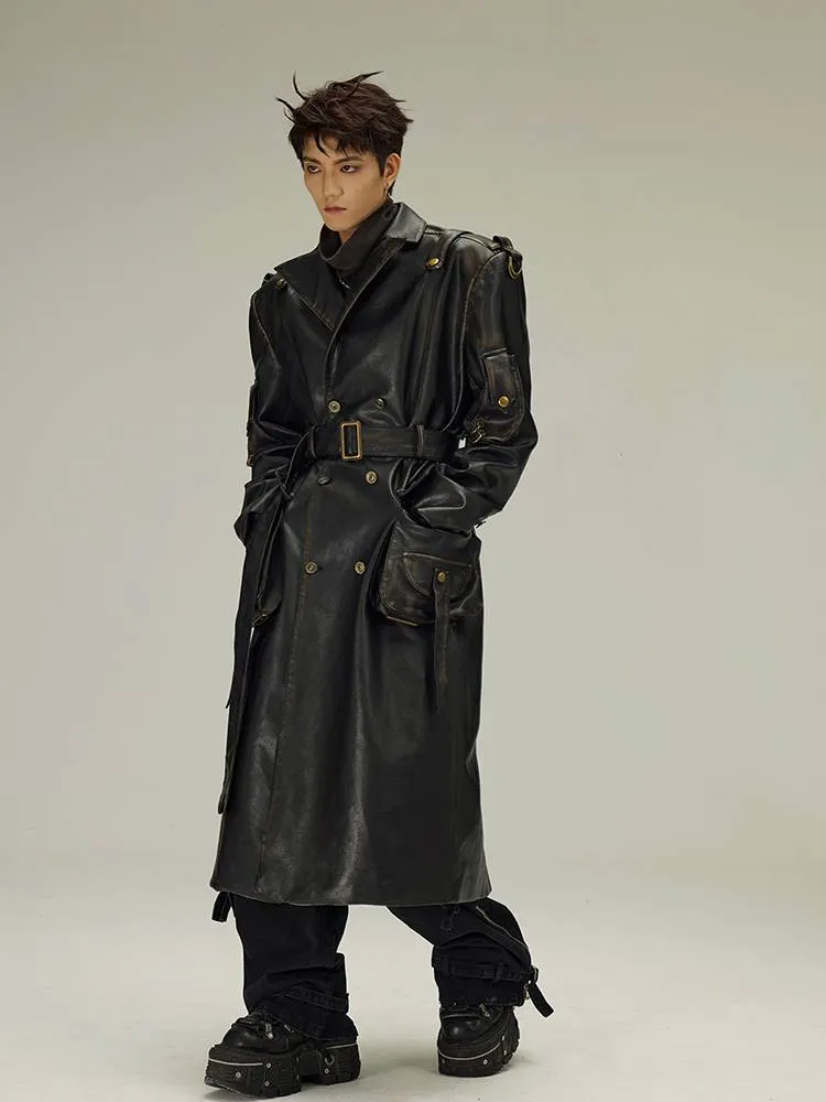 Black Solid Distressed Belt Double Trench Coat