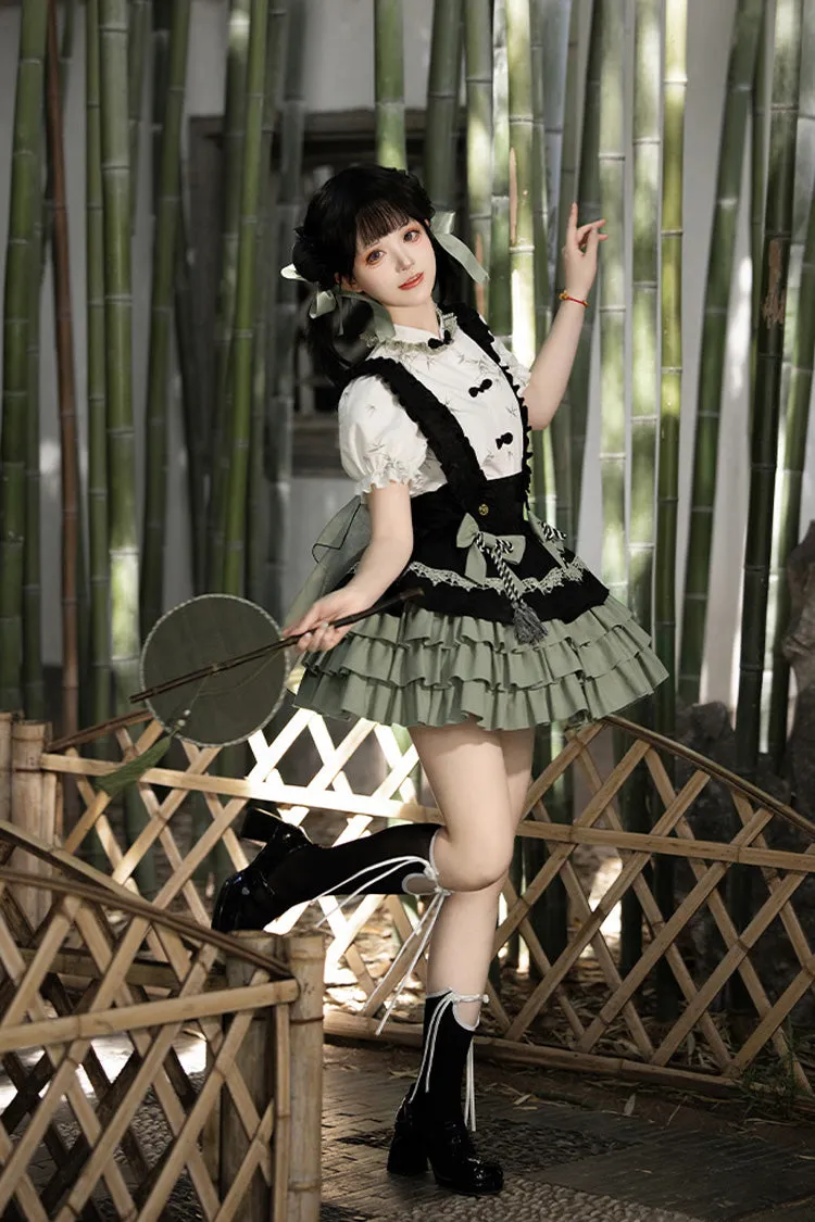 Black/Green Multi-Layered Bamboo Leaves Print Ruffle Bowknot Sweet Chinese Style Lolita Skirt Set