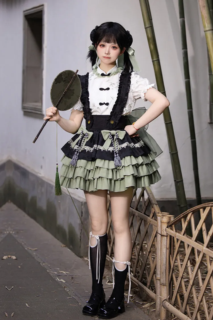 Black/Green Multi-Layered Bamboo Leaves Print Ruffle Bowknot Sweet Chinese Style Lolita Skirt Set