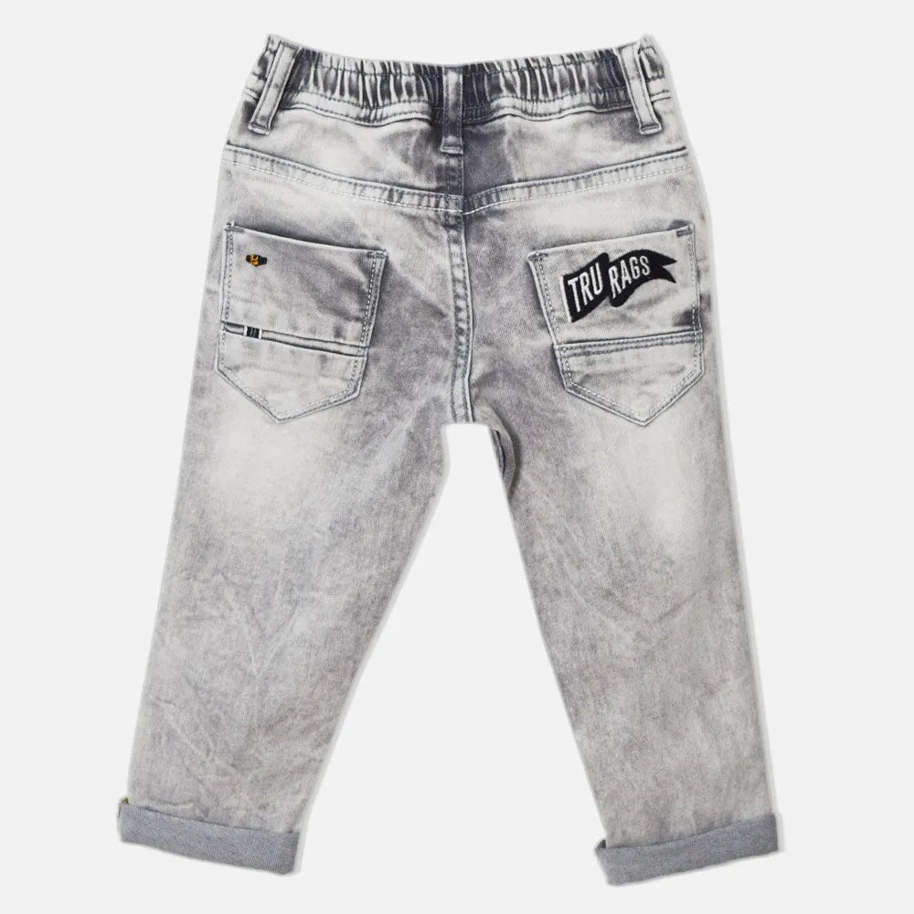 Blue And Grey Roll Up Typographic Denim Jeans