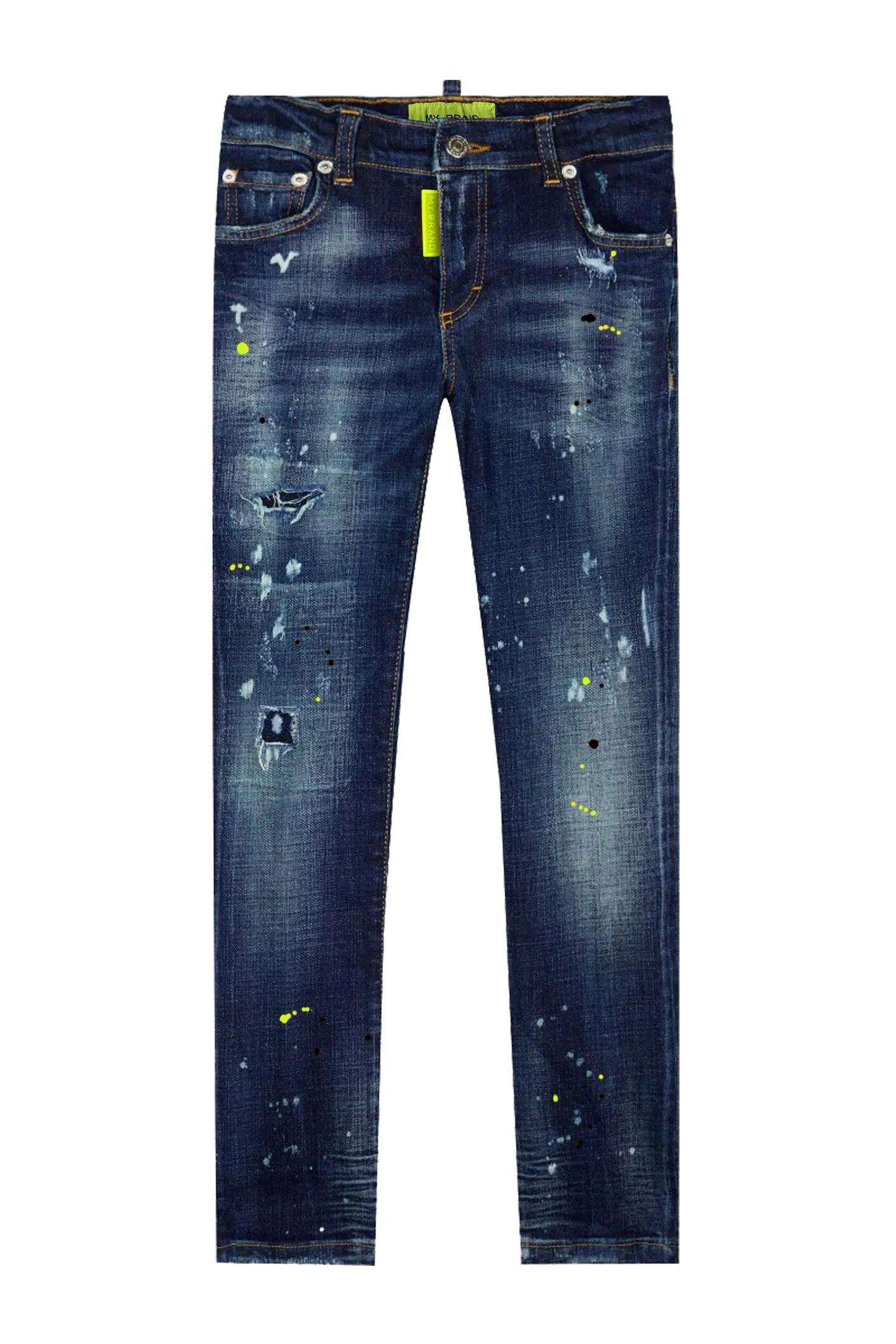 Blue Distressed Neon Yellow Jeans | DENIM