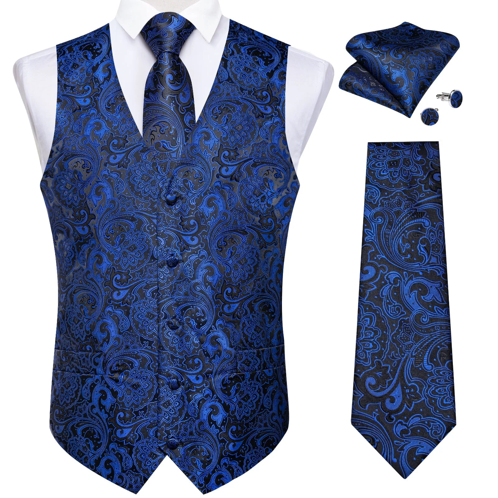 Blue Navy Black Paisley Silk Men's Vest Hanky Cufflinks Tie Set