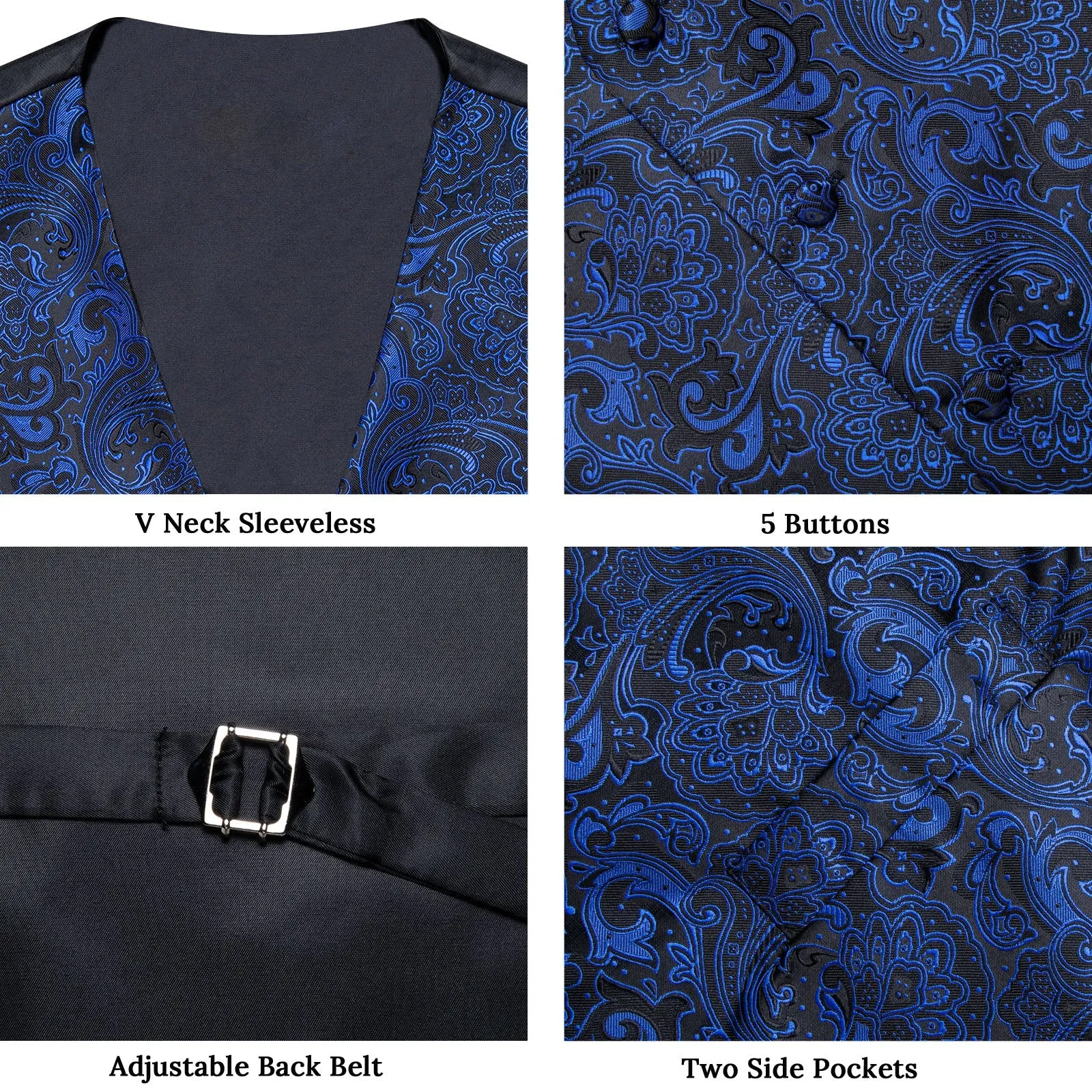 Blue Navy Black Paisley Silk Men's Vest Hanky Cufflinks Tie Set