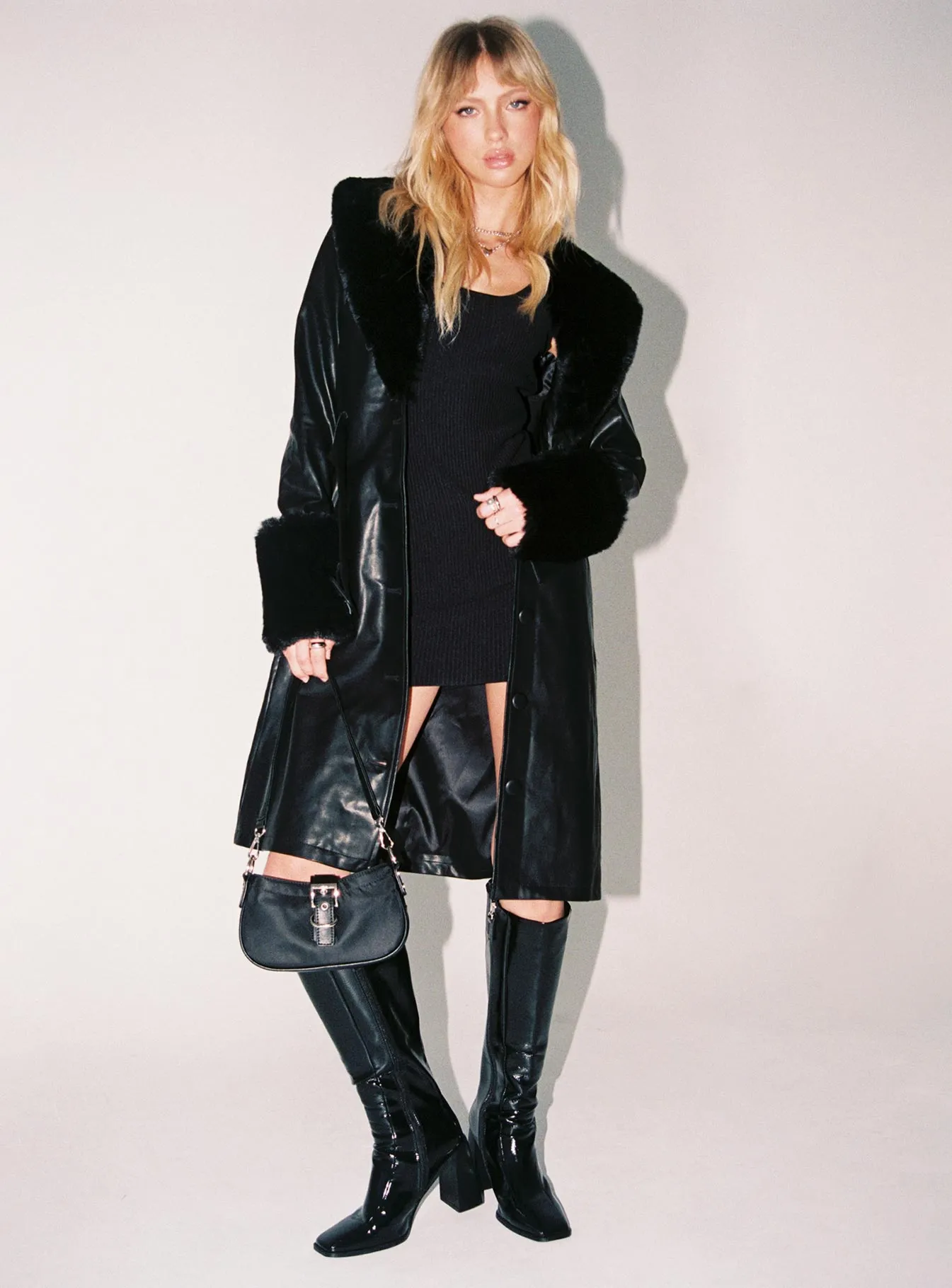 Brooklyn Faux Leather Long Coat Black