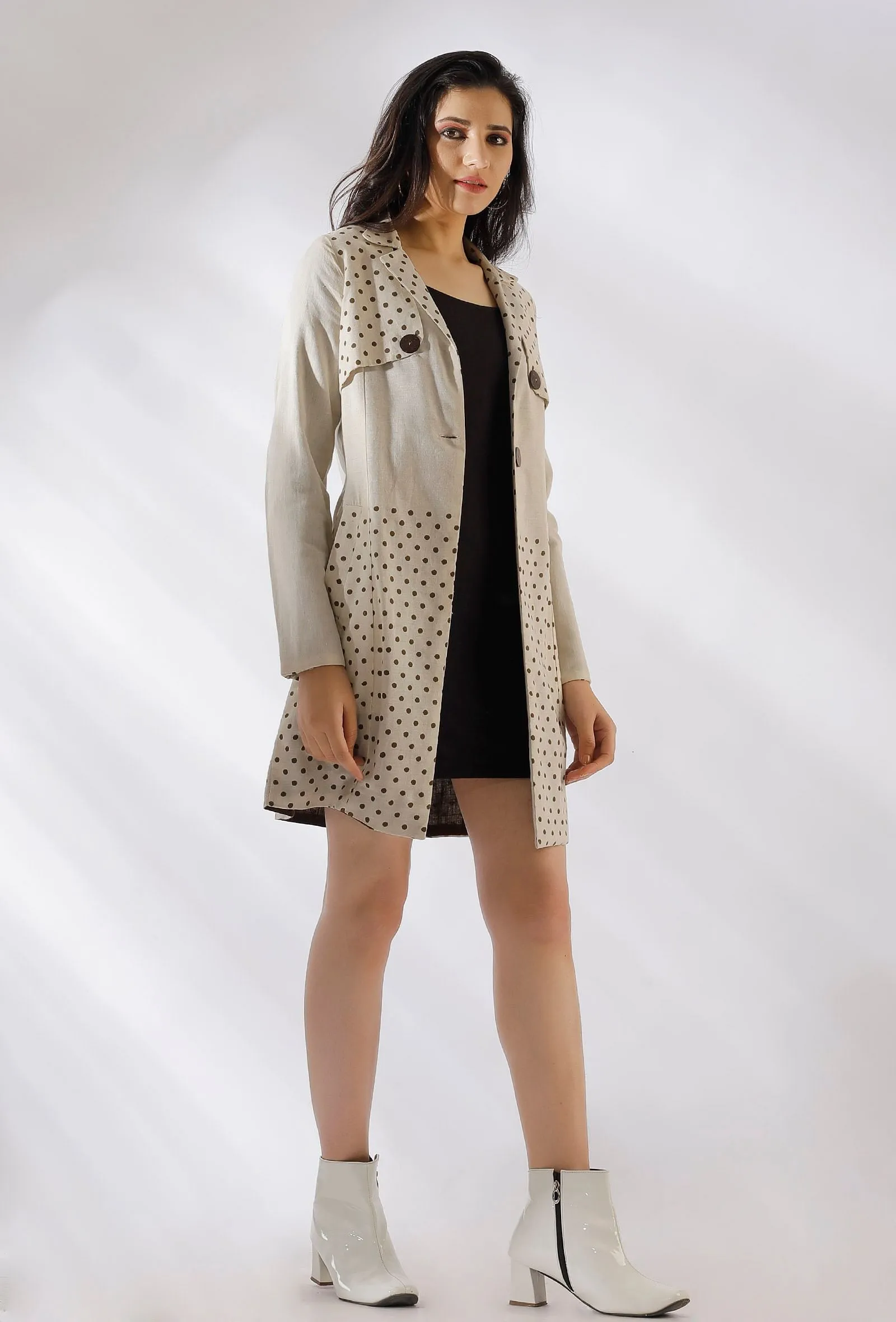 Caroline Polka Dot Off White Pure Woven Cotton Trench Coat